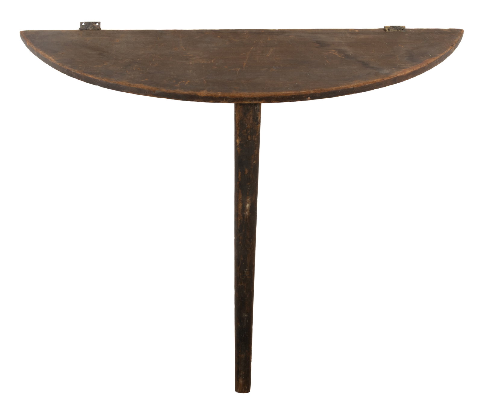 NEW ENGLAND PINE FOLDING / FOLD-OUT WALL-HANGING DEMILUNE WORK TABLE: NEW ENGLAND PINE FOLDING / FOLD-OUT WALL-HANGING DEMILUNE WORK TABLE, the single-board demilune top is supported by a single hinged leg in the front, the back edge with hinges which would attach to