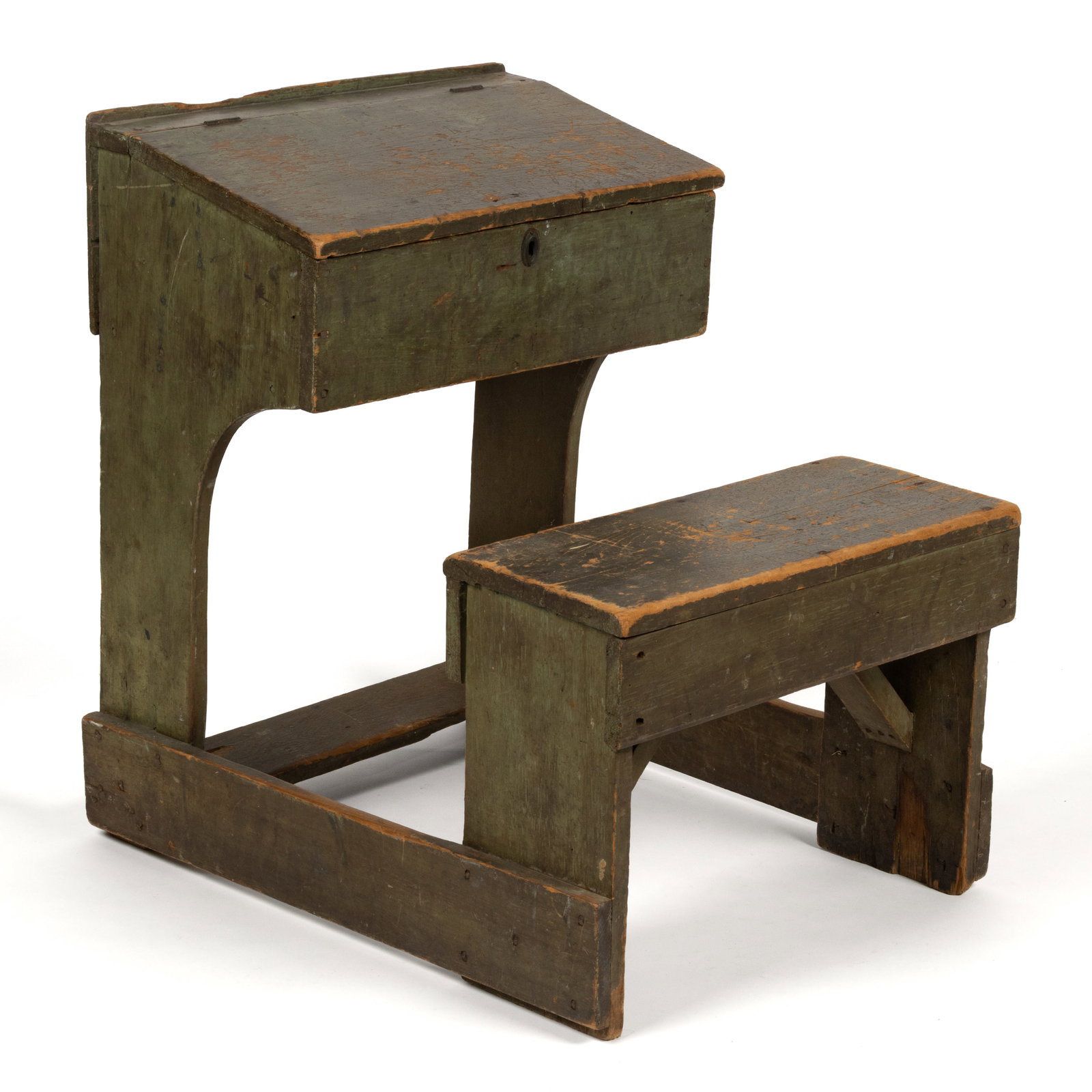 NEW ENGLAND PAINTED PINE CHILD'S SCHOOL DESK: NEW ENGLAND PAINTED PINE CHILD'S SCHOOL DESK, single-piece form, nailed construction, the hinged slant front over an open interior with a bench seat connected by side stretchers. Retains an early