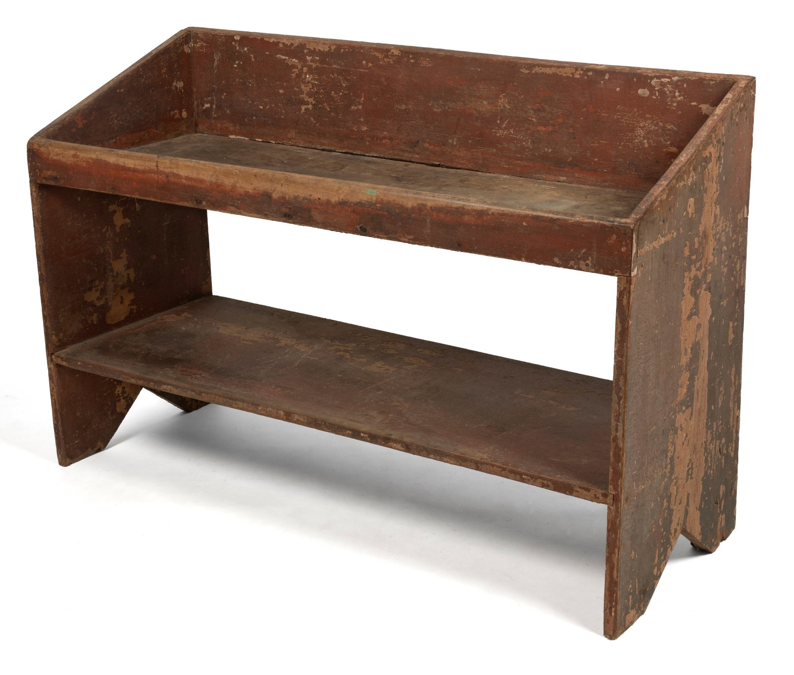 AMERICAN PAINTED POPLAR DRYSINK BENCH: AMERICAN PAINTED POPLAR DRYSINK BENCH, the large form with shallow well, raised back, lower shelf, and solid ends terminating in bootjack-style cut-outs, retaining an old red-painted surface. Mid