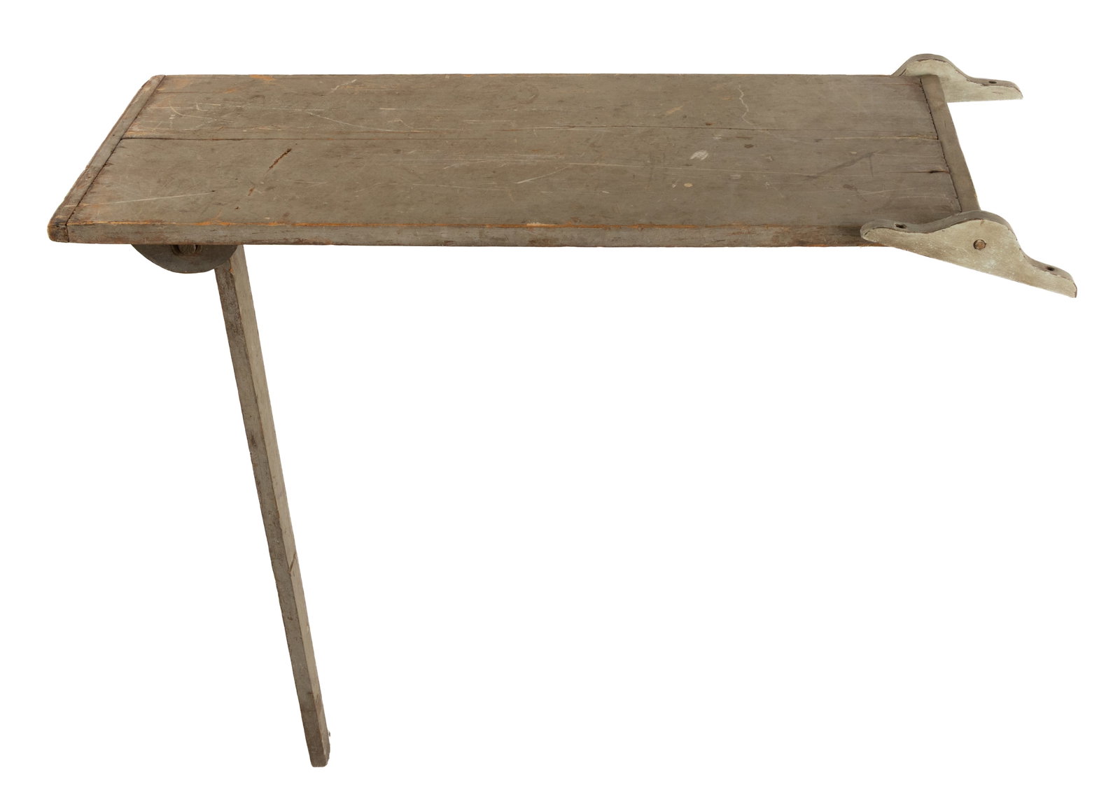 AMERICAN PAINTED MIXED WOOD FOLDING / FOLD-OUT WALL-HANGING WORK TABLE: AMERICAN PAINTED MIXED WOOD FOLDING / FOLD-OUT WALL-HANGING WORK TABLE, pine, oak, and poplar, the rectangular two-board top with breadboard ends is supported by a single-hinged leg, one end of the ta