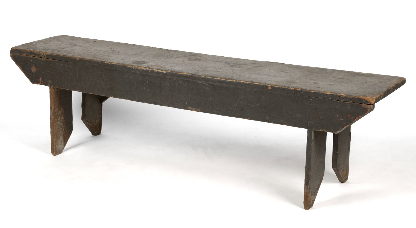 AMERICAN COUNTRY PAINTED POPLAR AND PINE BENCH: AMERICAN COUNTRY PAINTED POPLAR AND PINE BENCH, simple nailed form with diagonal braces to reverse, marked "H. L." to underside, retaining an early blue-gray surface. Circa 1890.