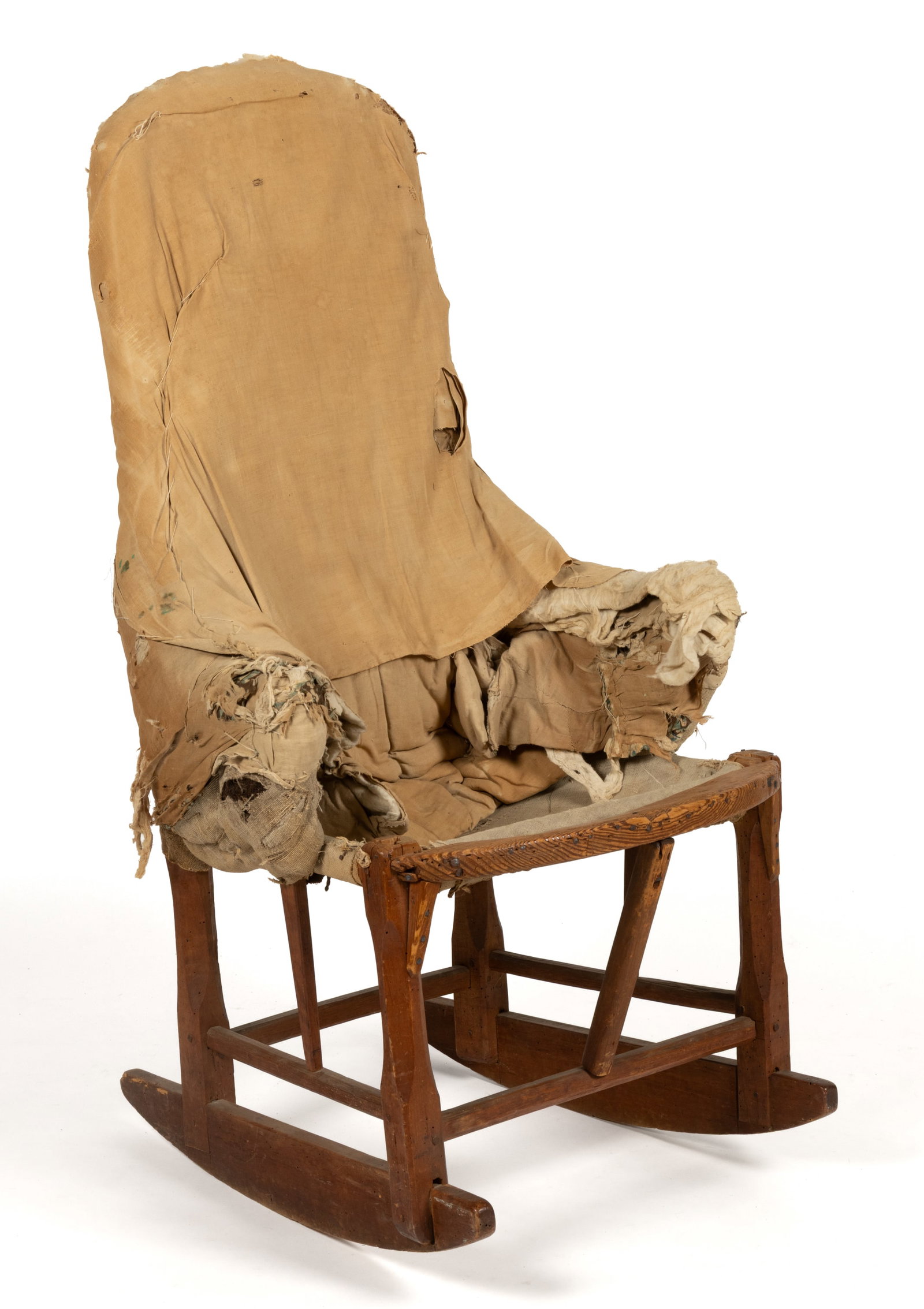 COUNTRY MIXED-WOOD HOMESPUN-UPHOLSTERED MAKE-DO ROCKING CHAIR: COUNTRY MIXED-WOOD HOMESPUN-UPHOLSTERED MAKE-DO ROCKING CHAIR, including poplar, pine, and oak, having an arched back over short arms and a trapezoidal seat frame, raised square legs with chamfered
