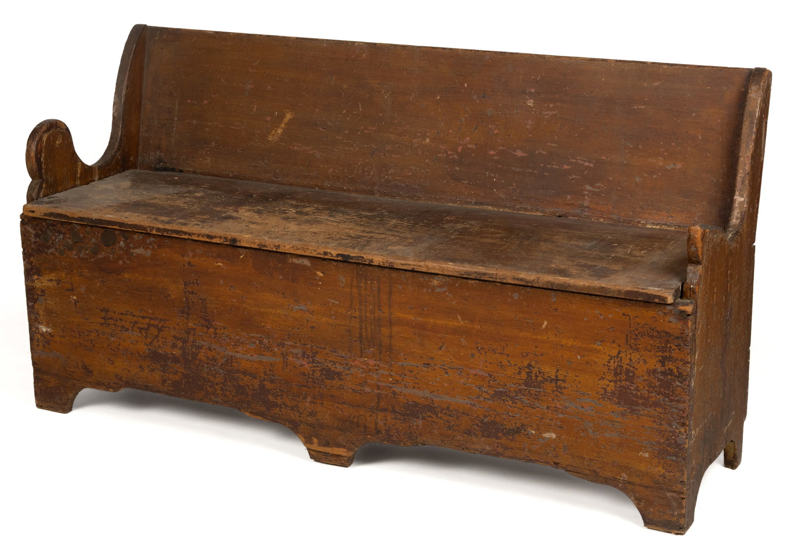 AMERICAN COUNTRY PAINTED PINE BENCH: AMERICAN COUNTRY PAINTED PINE BENCH, with lift-top plank seat concealing a storage space and shaped solid ends, all raised on a cut-out triple-foot base, the whole retaining an old ochre-painted surfa