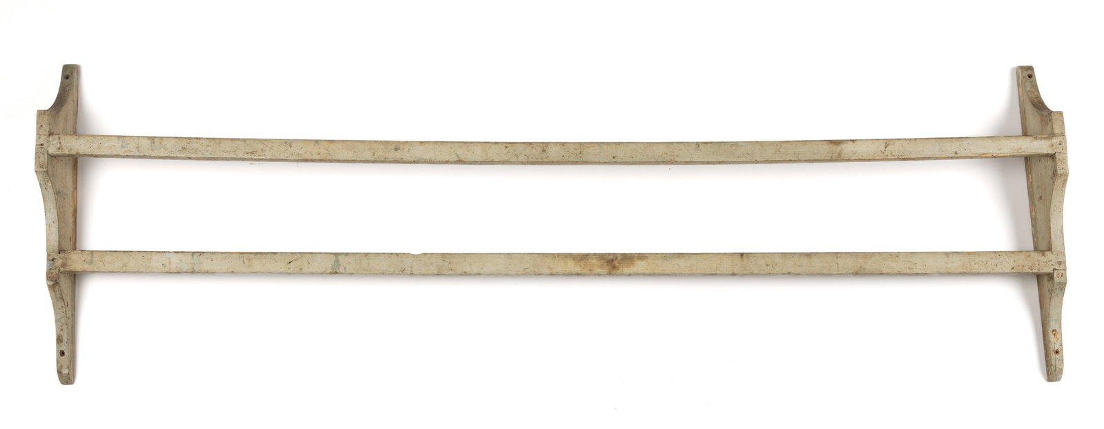 COUNTRY PAINTED POPLAR BOWL SHELF: COUNTRY PAINTED POPLAR BOWL SHELF, nailed construction, shaped ends with two cross members to support the bowls. Retains an old painted surface. Second half 19th century. 22 1/2" HOA, 68