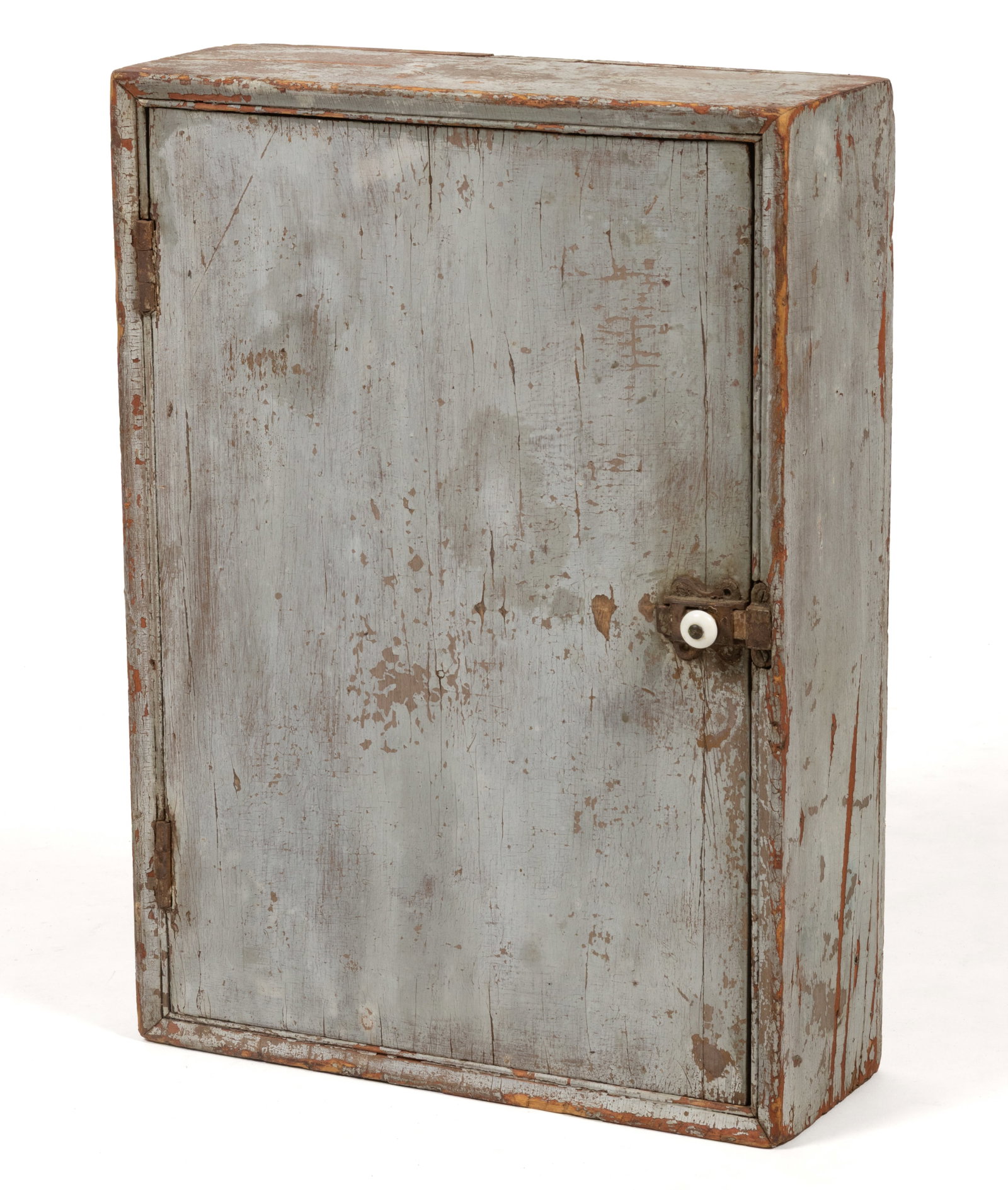 AMERICAN PAINTED PINE DIMINUTIVE HANGING CUPBOARD: AMERICAN PAINTED PINE DIMINUTIVE HANGING CUPBOARD, nailed construction, rectangular form with a so-called picture-frame molding around the outer edge of the front, the hinged cabinet door concealing t