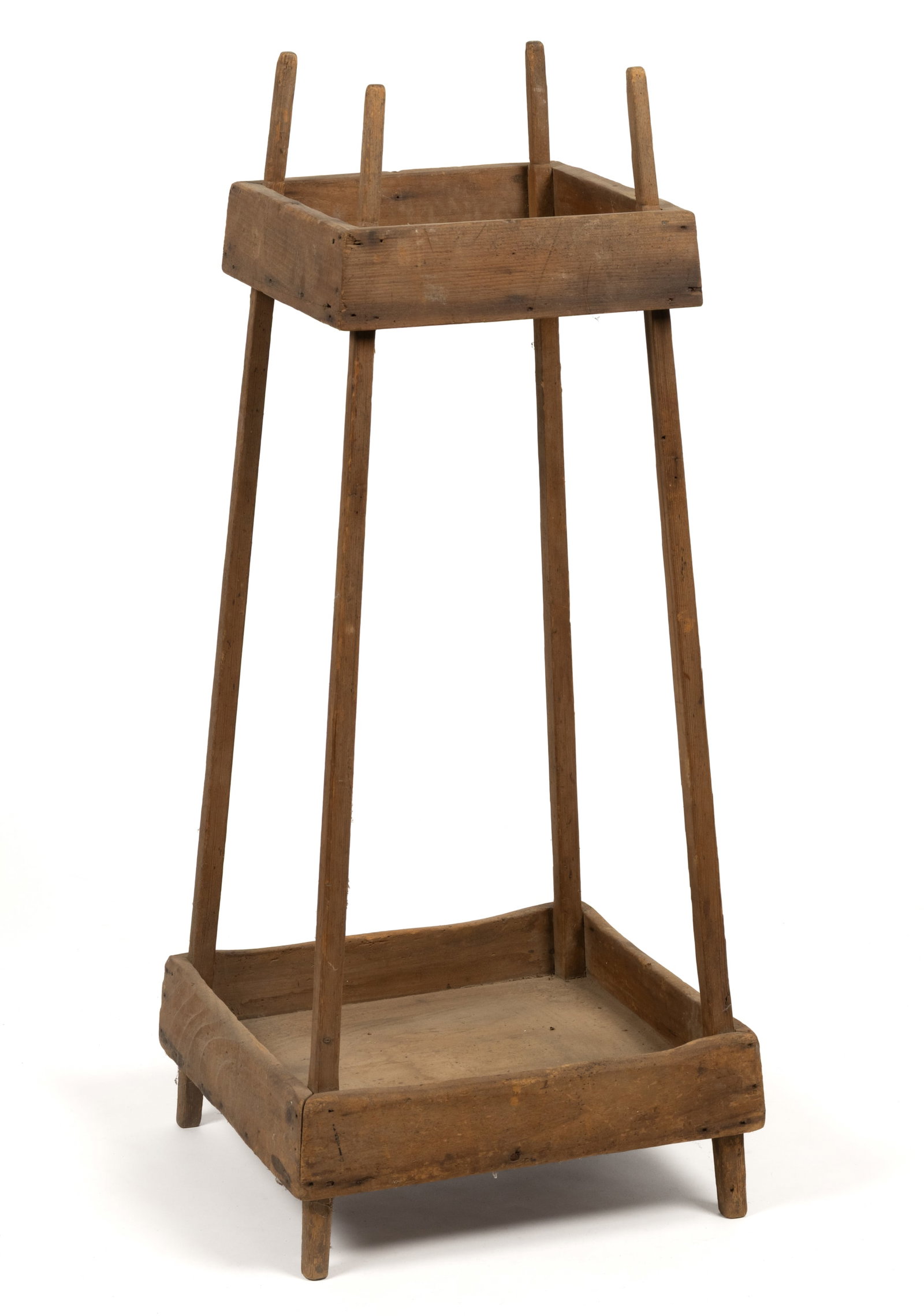 AMERICAN COUNTRY PINE AND POPLAR PLANT STAND: AMERICAN COUNTRY PINE PLANT STAND, featuring upper and lower shelves, supported by splayed legs, retaining a dry, natural surface. Late 19th/first quarter 20th century. 36" HOA, 15
