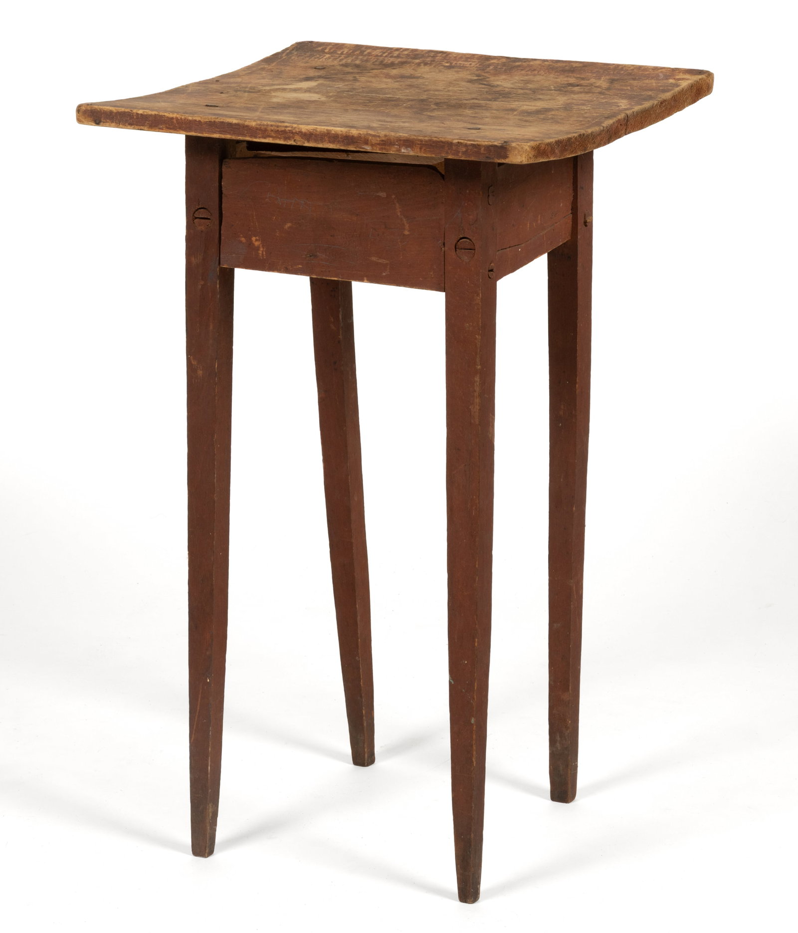 AMERICAN COUNTRY FEDERAL PAINTED STAND TABLE: AMERICAN COUNTRY FEDERAL PAINTED STAND TABLE, a charming, primitive form with scrubbed two-board top and slender square-tapered legs, retaining possibly original red-painted surface to base. First qua
