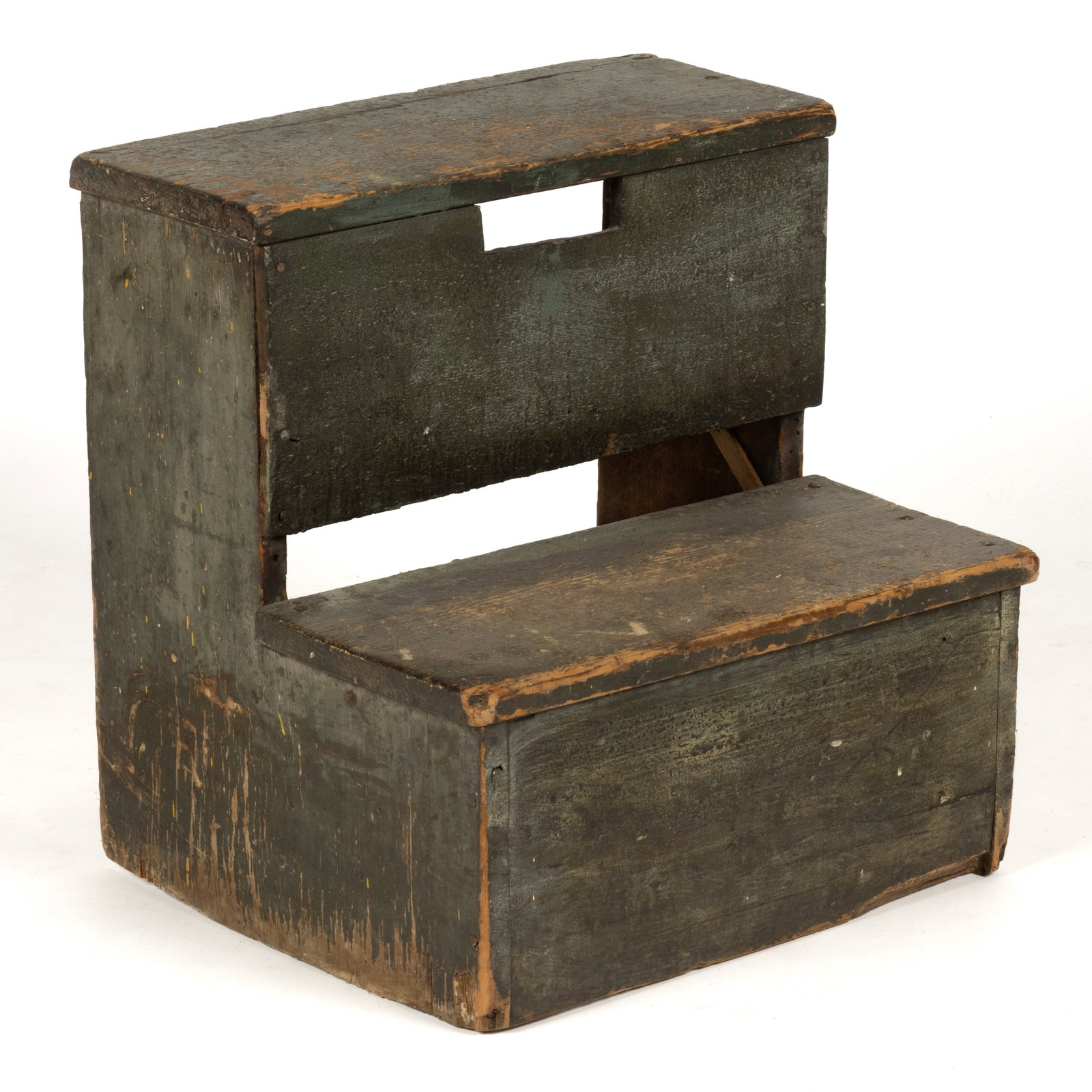 NEW ENGLAND PAINTED PINE STEPS / STEP STOOL: NEW ENGLAND PAINTED PINE STEPS / STEP STOOL, nailed construction with rectangular slightly overhanging treads, rectangular risers, and solid ends. Retains an old layered painted surface. Second h