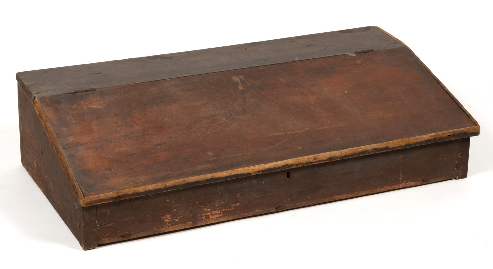 NEW ENGLAND PAINTED PINE AND POPLAR TABLETOP DESK: NEW ENGLAND PAINTED PINE AND POPLAR TABLETOP DESK, the hinged slant front with applied edge molding opens to reveal a fitted interior. Retains an early, probably original painted surface. Cut down