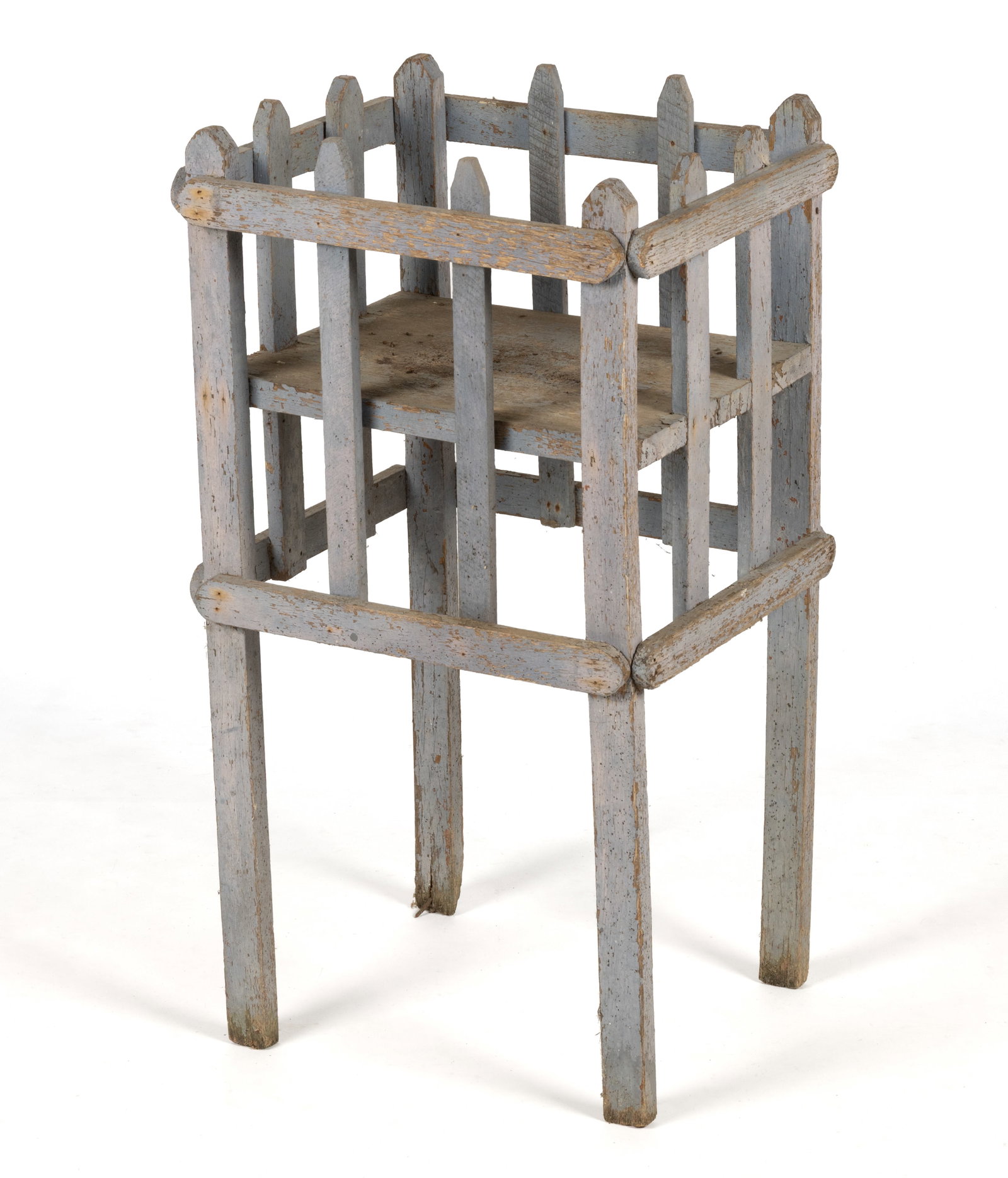 AMERICAN VERNACULAR PAINTED OAK PLANT STAND: AMERICAN VERNACULAR PAINTED OAK PLANT STAND, nailed construction, the square top with a picket-form surround, the whole supported by square legs. Retains an early blue-painted surface. First half
