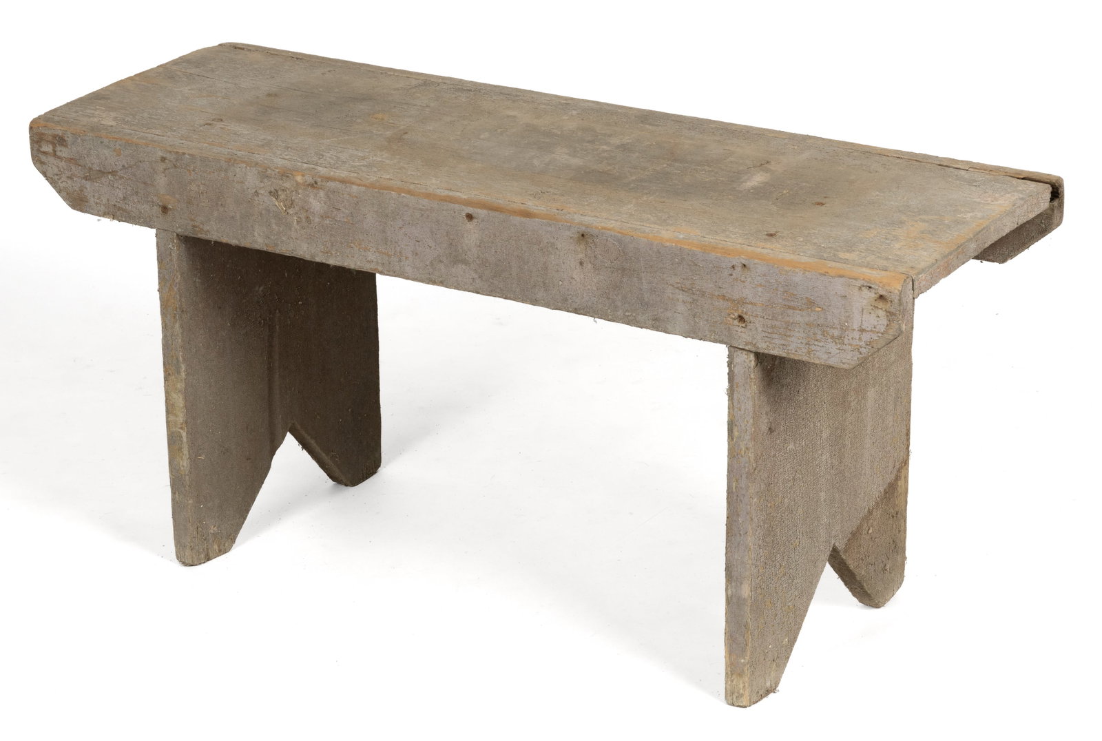 AMERICAN PAINTED PINE DIMINUTIVE BENCH: AMERICAN PAINTED PINE DIMINUTIVE BENCH, nailed construction, the rectangular top with applied edges supported by two cut-out legs. Retains an old gray/blue painted surface. Late 19th/early 20th centur