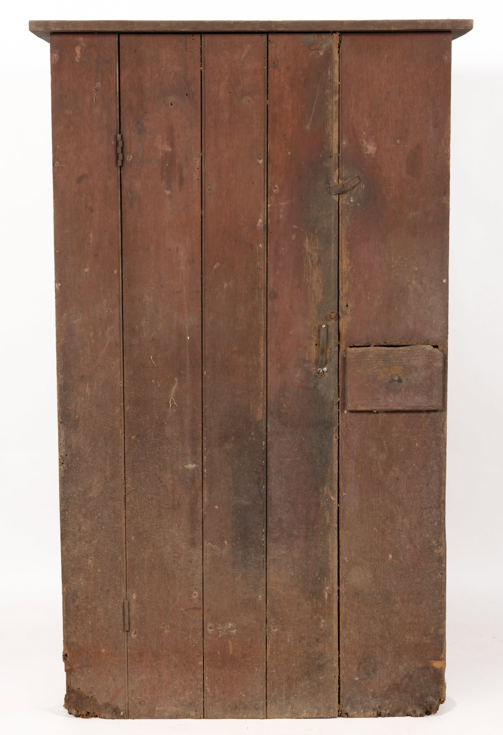 AMERICAN PAINTED PINE PANTRY / STORAGE CUPBOARD: AMERICAN PAINTED PINE PANTRY / STORAGE CUPBOARD, nailed construction, the overhanging rectangular cornice over a short drawer on the proper left side and full-length cabinet door which conceals four f