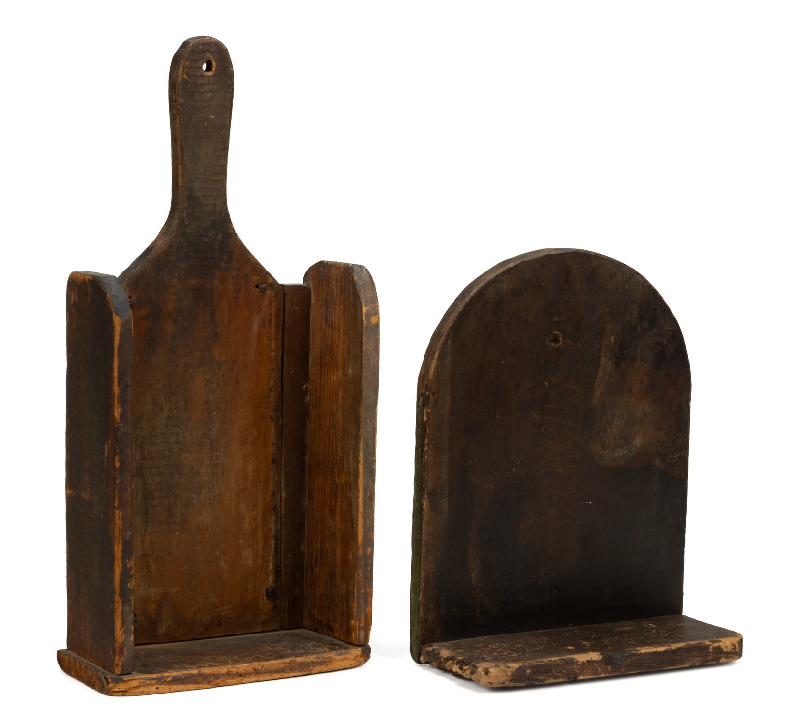 AMERICAN PAINTED WOODEN DOMESTIC ARTICLES, LOT OF TWO: AMERICAN PAINTED WOODEN DOMESTIC ARTICLES, LOT OF TWO, each of nail construction, comprising of a scrub board with brown painted surfaces, rectangular-form with extended handle and having a hole for