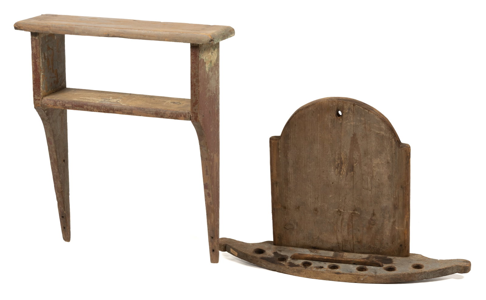 AMERICAN DIMINUTIVE PAINTED HANGING / WALL SHELVES, LOT OF TWO: AMERICAN DIMINUTIVE PAINTED HANGING / WALL SHELVES, LOT OF TWO, comprising a poplar example with long shaped side bracket supports and two shelves; and a pine and oak make-do pipe or spoon shelf