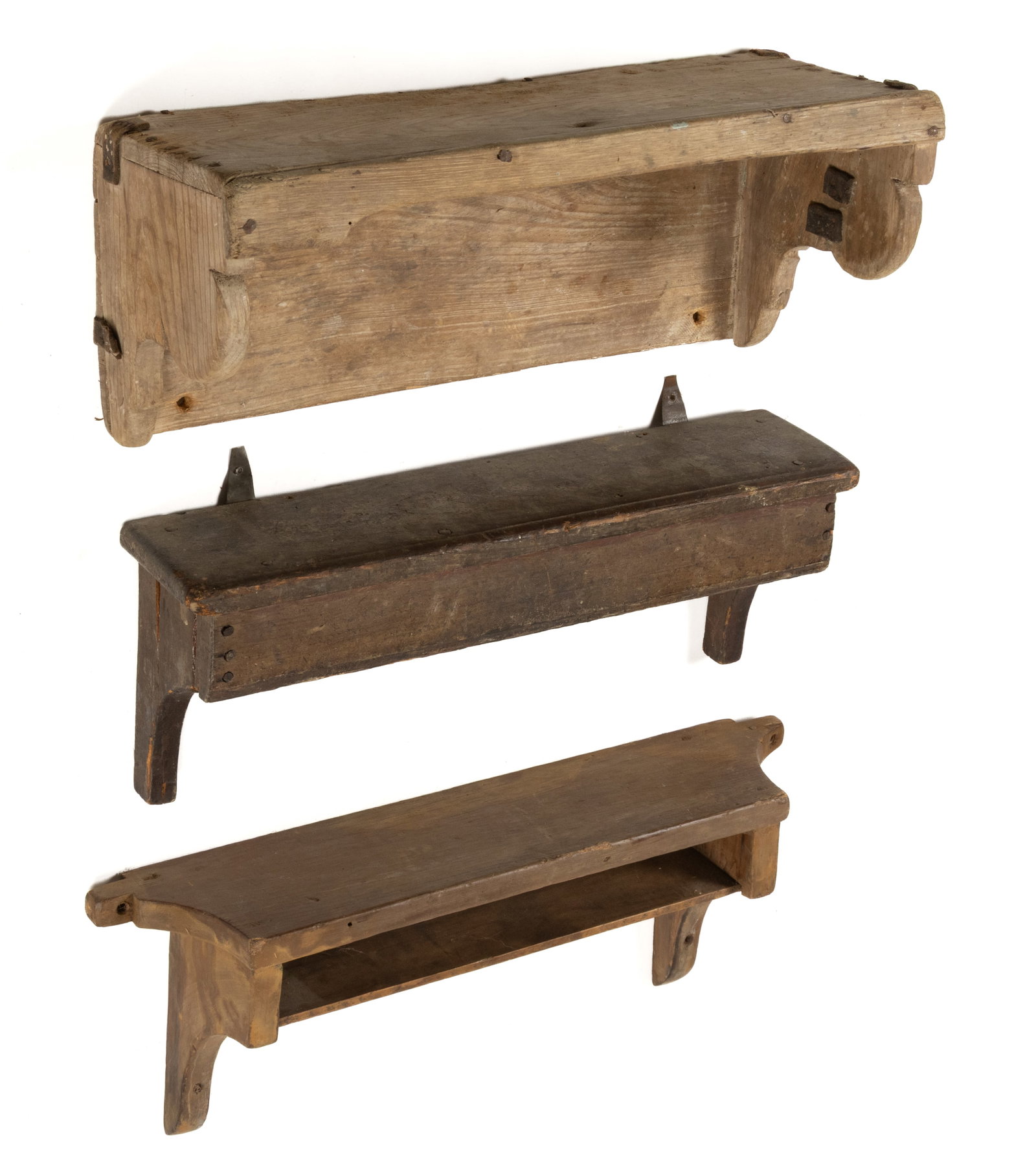 COUNTRY PAINTED AND NATURAL DIMINUTIVE HANGING WALL SHELVES, LOT OF THREE: COUNTRY PAINTED AND NATURAL DIMINUTIVE HANGING WALL SHELVES, LOT OF THREE, each of similar form with a rectangular top supported by cut-out sides, one retaining and early painted surface, the other