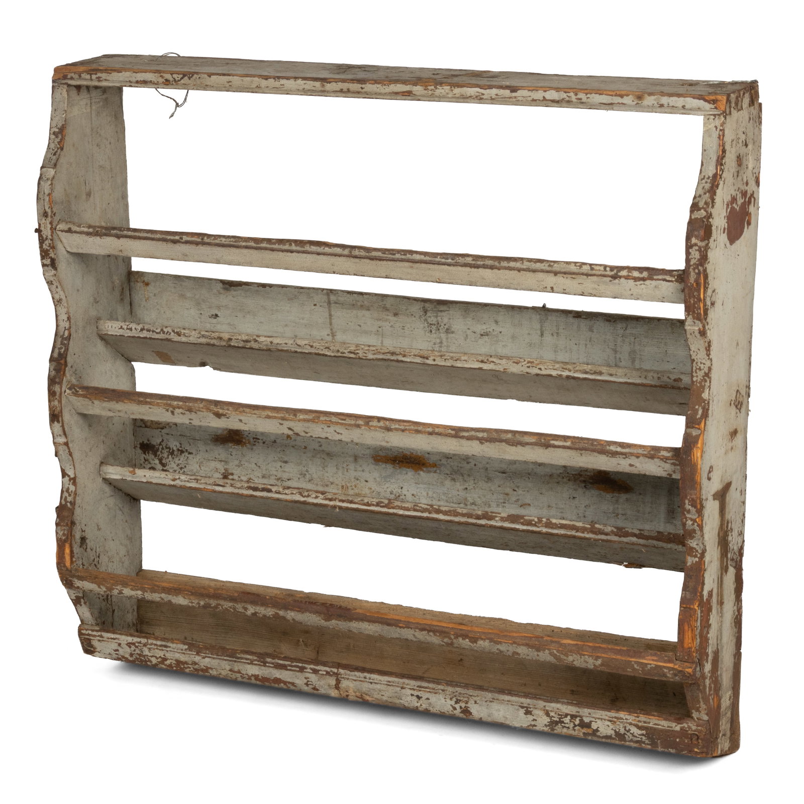 COUNTRY PAINTED PINE HANGING SHELVES: COUNTRY PAINTED PINE HANGING SHELVES, dovetailed frame with fixed shelves and plate rails, old applied leather strips for spoon slots to proper right end, the whole retaining an old gray-painted