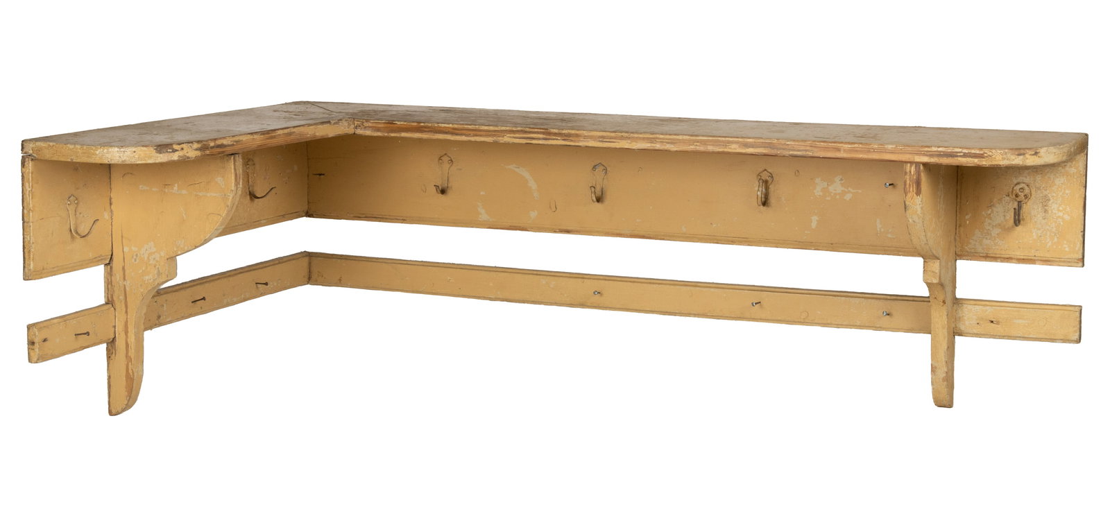 COUNTRY PAINTED HANGING CORNER SHELF: COUNTRY PAINTED HANGING CORNER SHELF, with shaped supports and molded edge profile, the support rail affixed with metal hooks, the whole retaining an old painted surface. Late 19th/early 20th