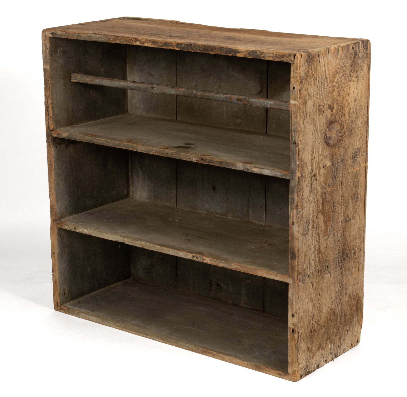 COUNTRY PAINTED MIXED-WOOD OPEN CUPBOARD TOP: COUNTRY PAINTED MIXED-WOOD OPEN CUPBOARD TOP, with fixed shelves, one with cut-out spoon slots, and a single plate rail, retaining an early gray-painted surface. First half 19th century. 35" H, 3