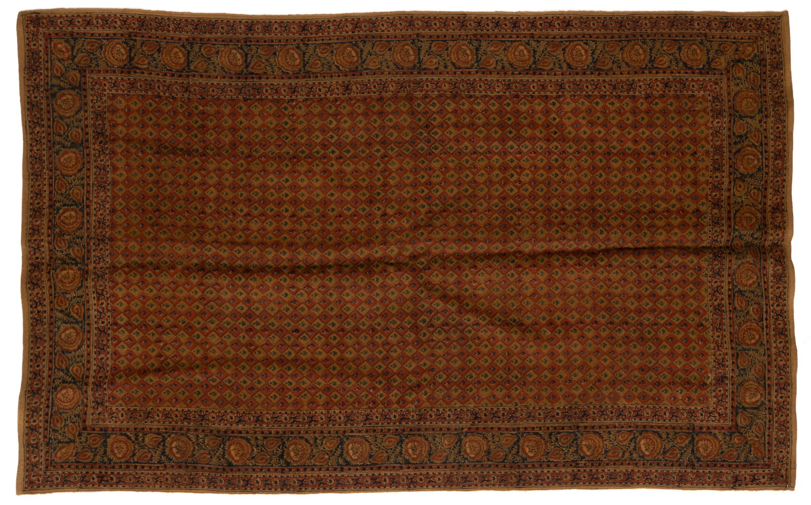SEMI-ANTIQUE ORIENTAL BLOCK-PRINTED JUTE / BURLAP SUMMER RUG / CARPET: SEMI-ANTIQUE ORIENTAL BLOCK-PRINTED JUTE / BURLAP SUMMER RUG / CARPET, center with repeated small motifs in a diamond-pattern grid, all four sides with stylized floral border. First half 20th century.