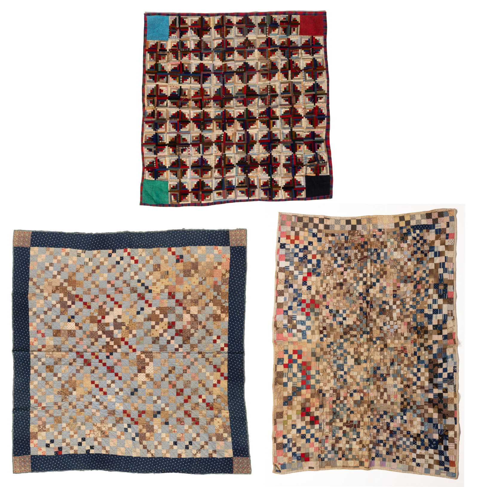 AMERICAN PIECED QUILTS, LOT OF THREE: AMERICAN PIECED QUILTS, LOT OF THREE, hand- and machine-stitched, each made of polychrome print, woven, and/or solid fabrics; comprising a 16 patch quilt with diagonal quilting, back-over-front bindin