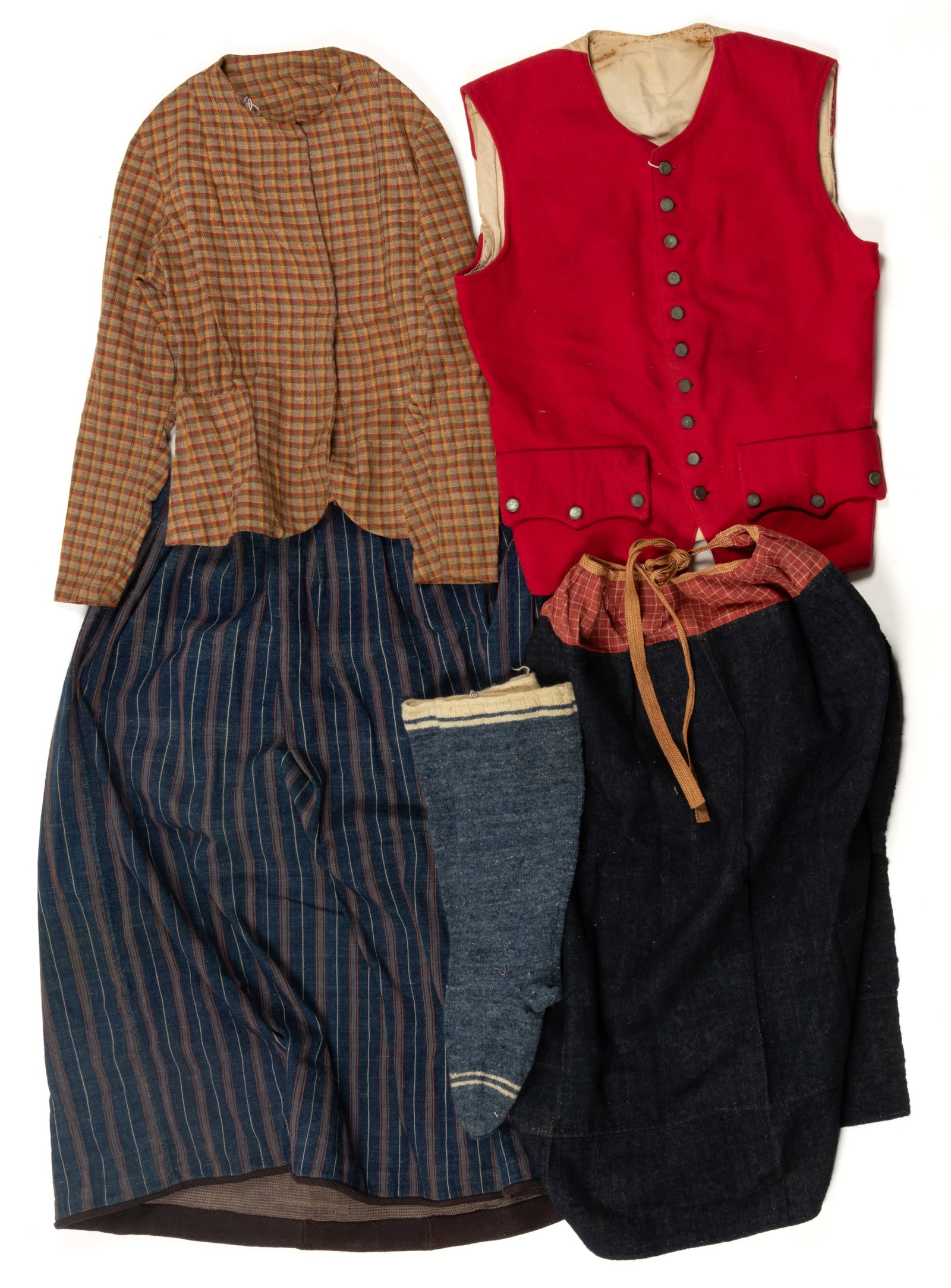 ANTIQUE / ANTIQUE-STYLE LADY'S AND MEN'S CLOTHING, LOT OF SIX: ANTIQUE / ANTIQUE-STYLE LADY'S AND MEN'S CLOTHING, LOT OF SIX, hand- and machine-stitched; comprising five pieces of lady's clothing consisting of a petticoat with striped fabric, a blue p