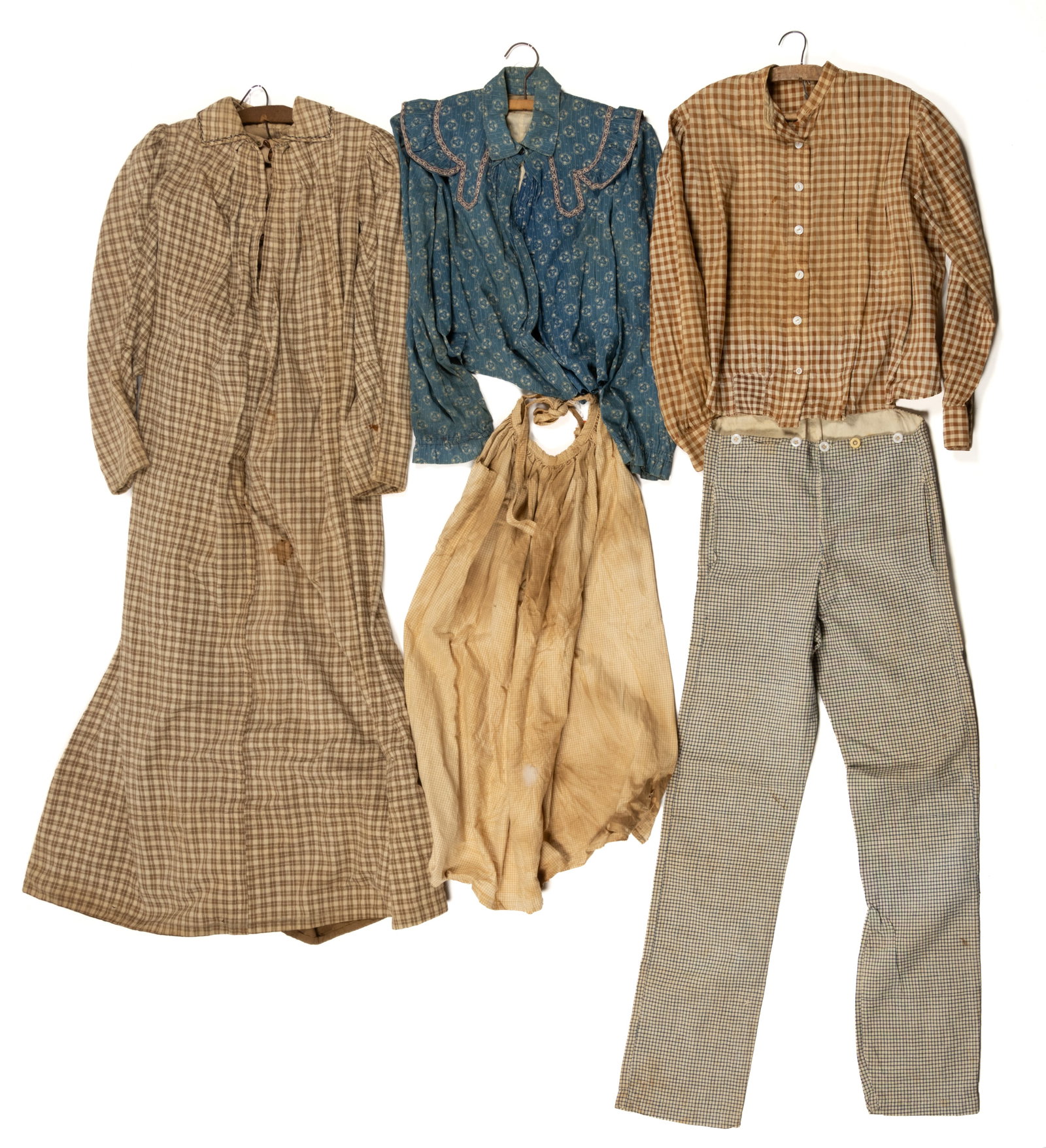 ANTIQUE / VINTAGE LADY'S AND MEN'S CLOTHING, LOT OF FIVE: ANTIQUE / VINTAGE LADY'S AND MEN'S CLOTHING, LOT OF FIVE, hand- and machine-stitched, all but one made of plaid- / checkered-pattern woven fabrics; comprising a lady's dress made with brow