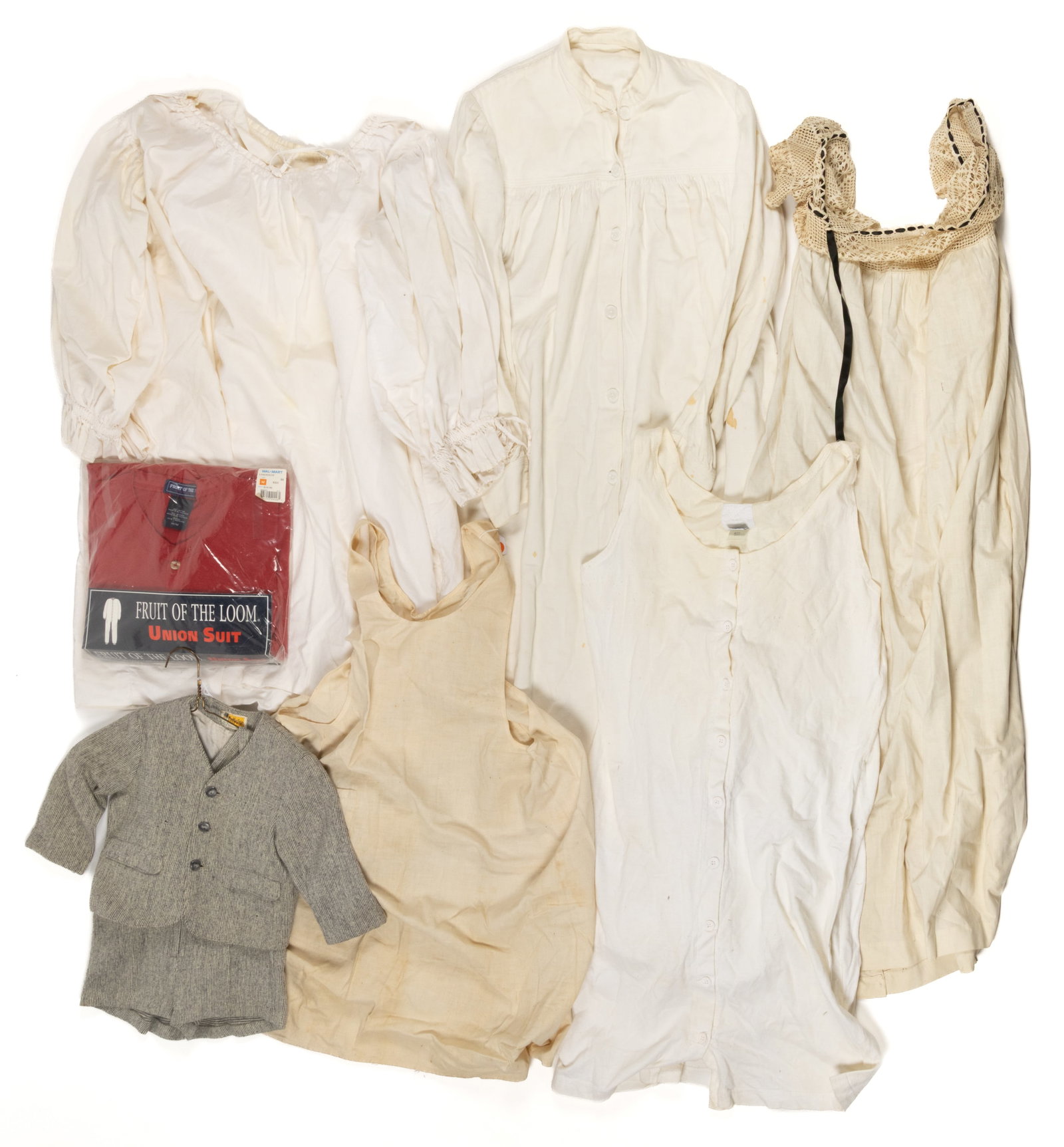 VINTAGE / CONTEMPORARY LADY'S, MEN'S, AND BOY'S CLOTHING, LOT OF SEVEN: VINTAGE / CONTEMPORARY LADY'S, MEN'S, AND BOY'S CLOTHING, LOT OF SEVEN, comprising two lady's white under / night dresses, consisting of one with long sleeves, and the other having a l