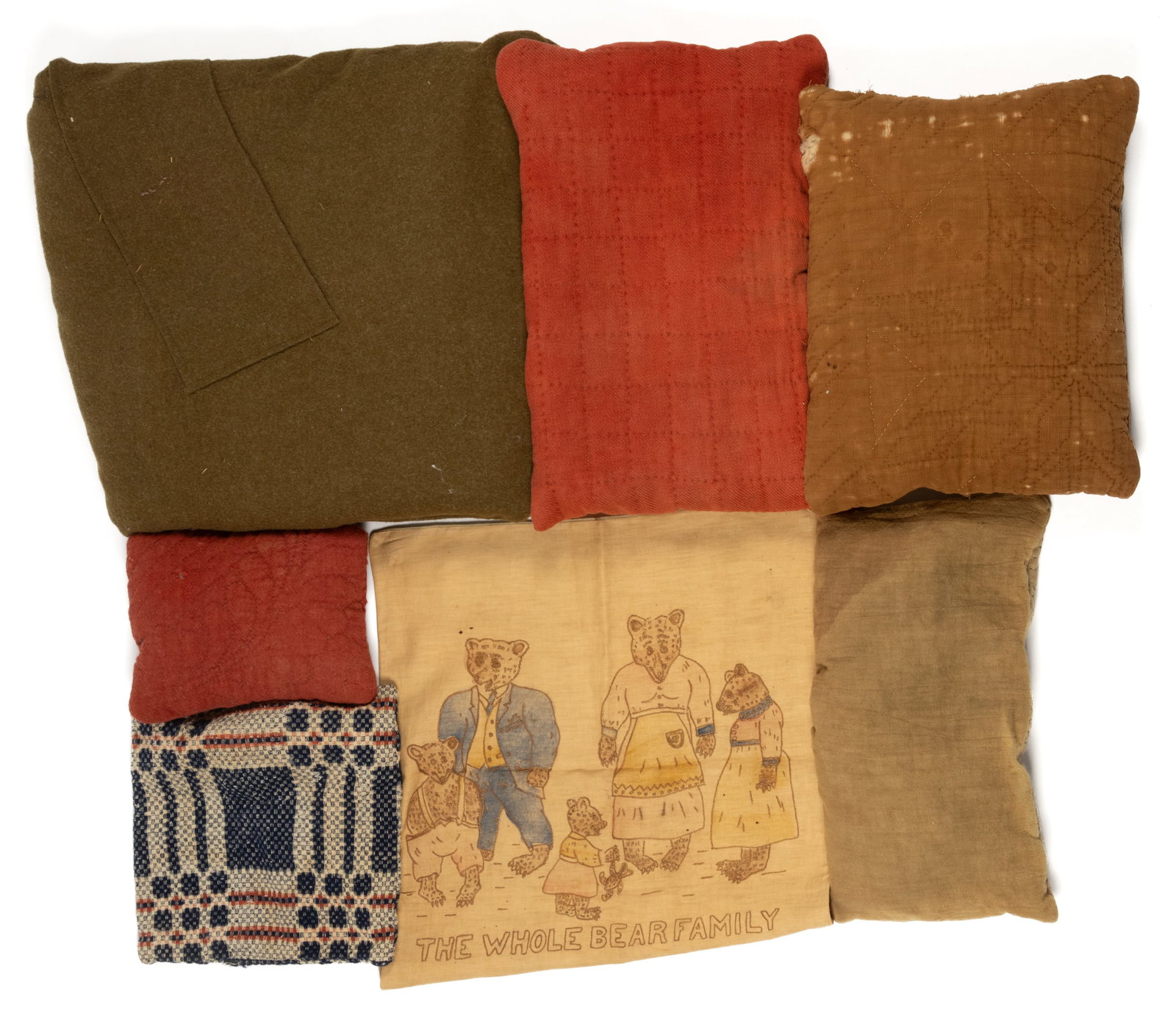 TEXTILE FRAGMENT AND EMBROIDERED PILLOWS / PILLOW CASES, LOT OF SEVEN (1 of 1)