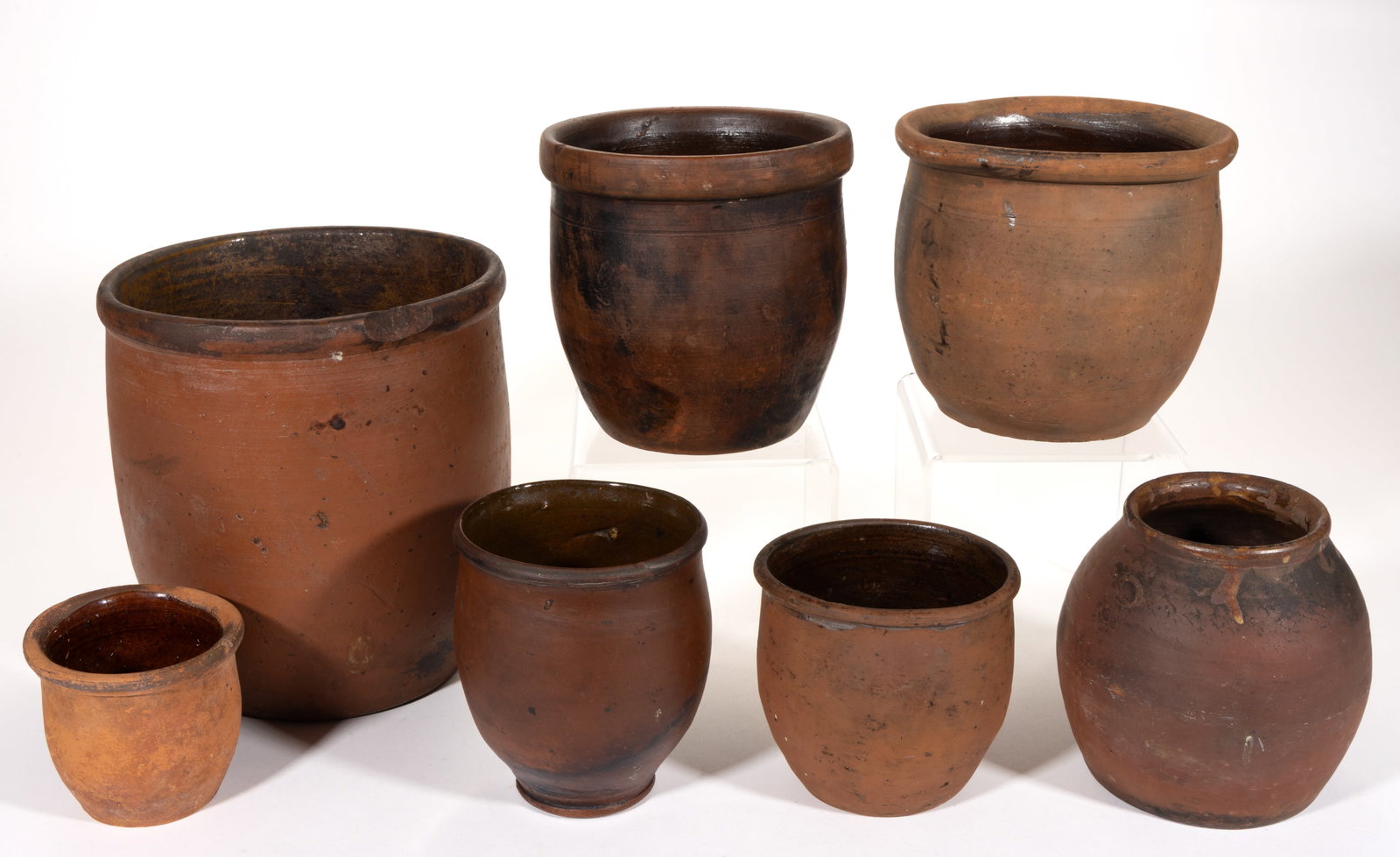 AMERICAN EARTHENWARE / REDWARE CROCKS, LOT OF SEVEN (1 of 1)