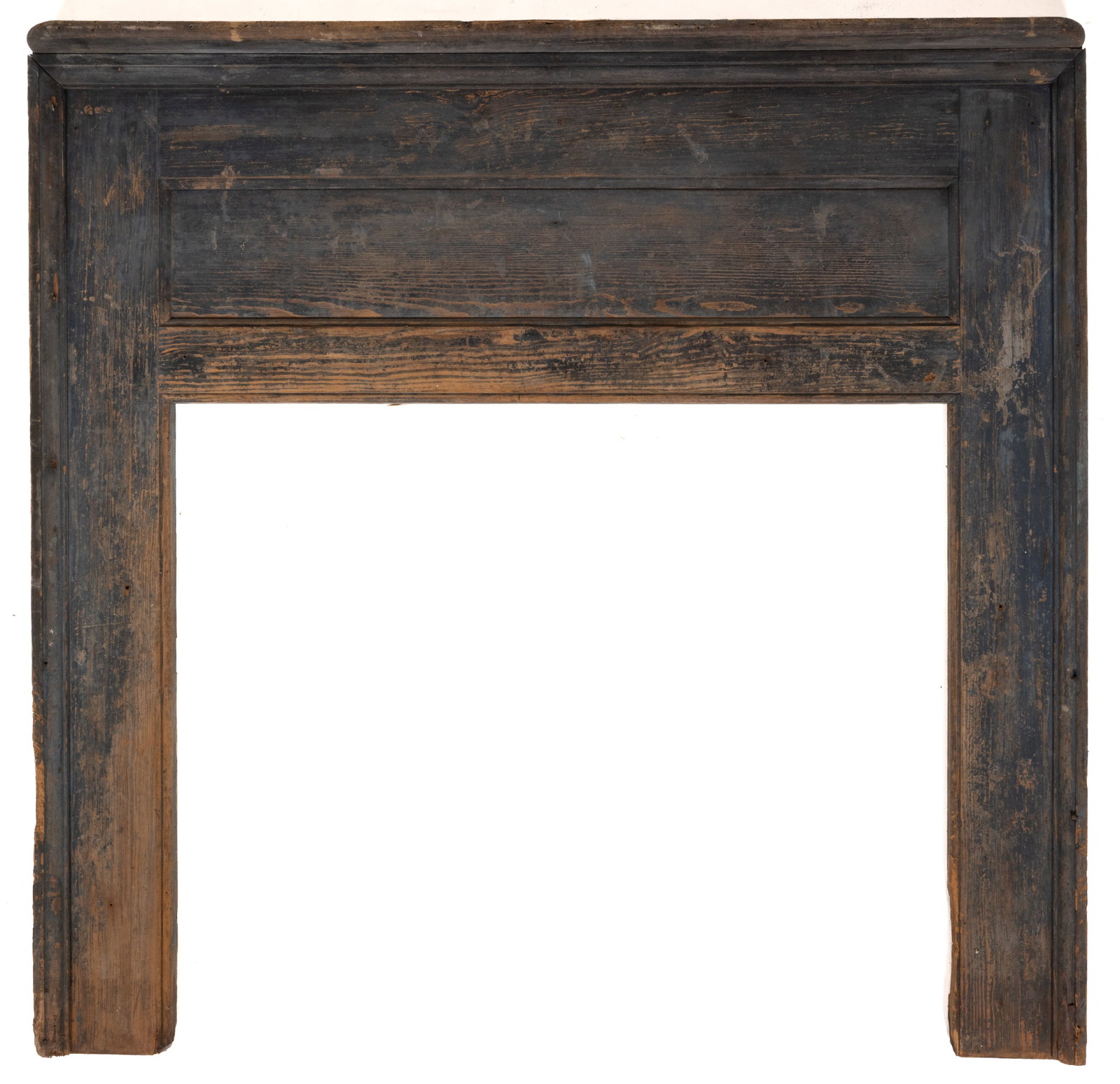 PENNSYLVANIA PAINTED PINE DIMINUTIVE MANTEL: PENNSYLVANIA PAINTED PINE DIMINUTIVE MANTEL, featuring a shallow rounded shelf at the top over a rectangular frame with a molded edge and a horizontal fielded panel the same width as the firebox below
