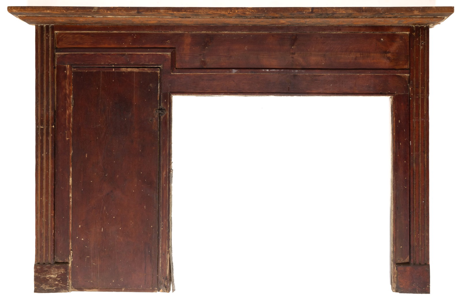 NEW ENGLAND PINE MANTEL: NEW ENGLAND PINE MANTEL, white pine, featuring a rectangular overhanging shelf over reeded pilasters terminating in plinth blocks, the left side with a hinged cabinet door probably for storage, but al