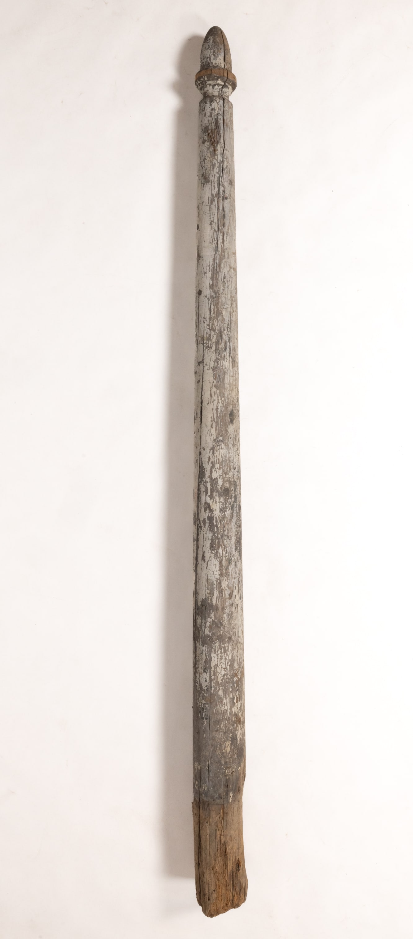 AMERICAN PAINTED POPLAR TURNED ARCHITECTURAL POST / BARBER POLE: AMERICAN PAINTED POPLAR TURNED ARCHITECTURAL POST / BARBER POLE, of unknown purpose, turned from a single young tree with knots visible up the entire object, featuring an acorn finial over a tapered c