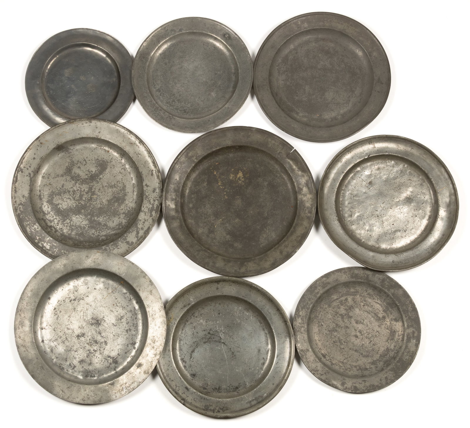 ASSORTED PEWTER CHARGERS, LOT OF NINE (1 of 2)