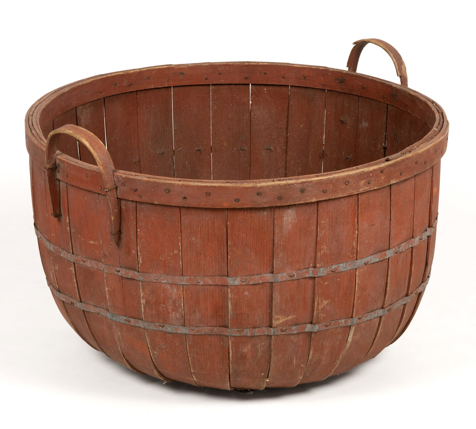 AMERICAN OVERSIZED PAINTED GATHERING BASKET: AMERICAN OVERSIZED PAINTED GATHERING BASKET, overly-large form, at least two bushels, circular form with double-walled stave construction secured with two nailed wooden bands, bentwood handl