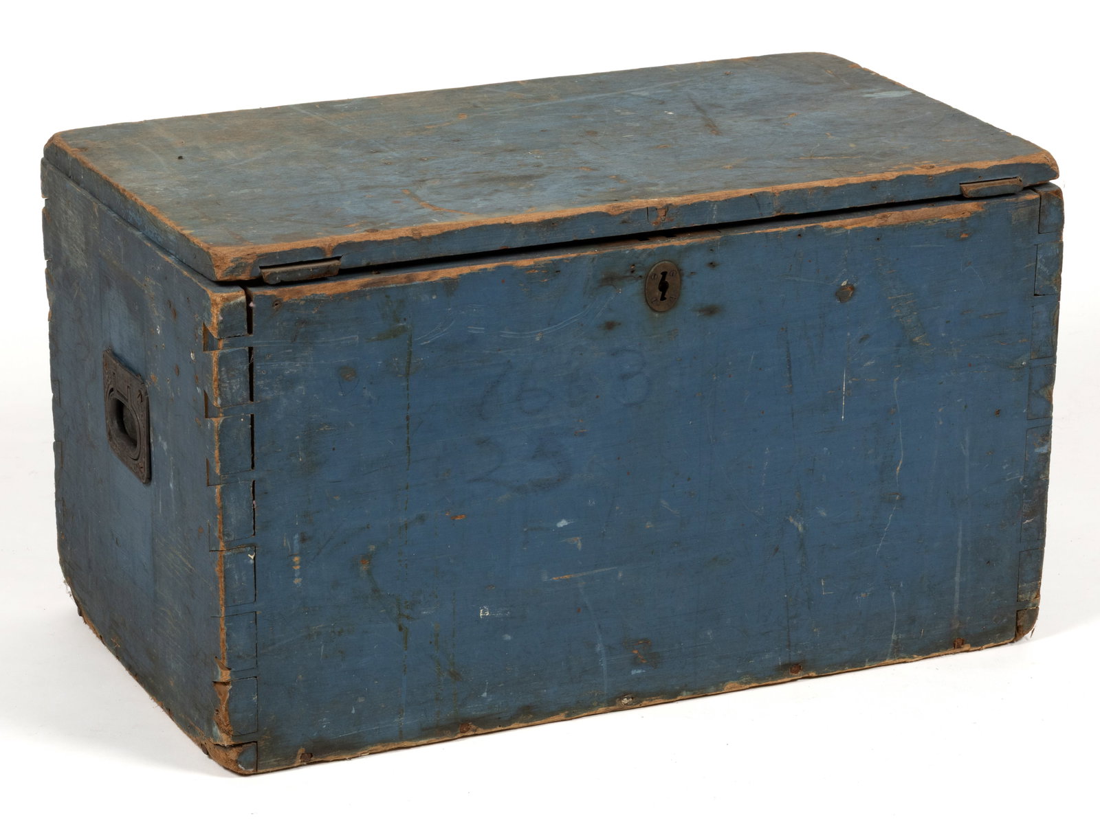 AMERICAN PAINTED POPLAR STORAGE BOX: AMERICAN PAINTED POPLAR STORAGE BOX, dovetailed construction, with hinged lid and cast-iron handle to each end, retaining an early blue-painted surface. Second half 19th century. 16" H, 28 1/2&qu
