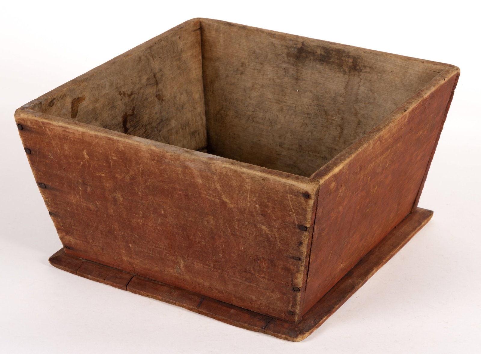 PENNSYLVANIA PAINTED POPLAR APPLE BOX: PENNSYLVANIA PAINTED POPLAR APPLE BOX, nailed construction, square form with canted sides and a beveled base board. Retaining the original red-washed / painted surface. Mid 19th century. 7 1/4" H