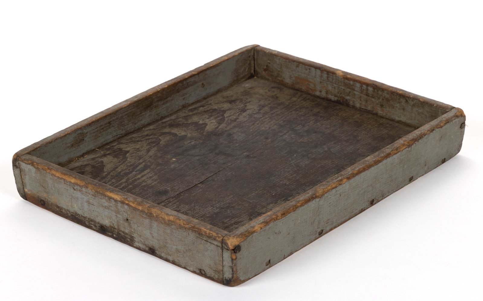 MID-ATLANTIC PAINTED YELLOW PINE TRAY: MID-ATLANTIC PAINTED YELLOW PINE TRAY, possibly an apple tray, nailed construction, the single board base with nailed slightly-canted sides. Retains an early, possibly original painted surface. Mid 19
