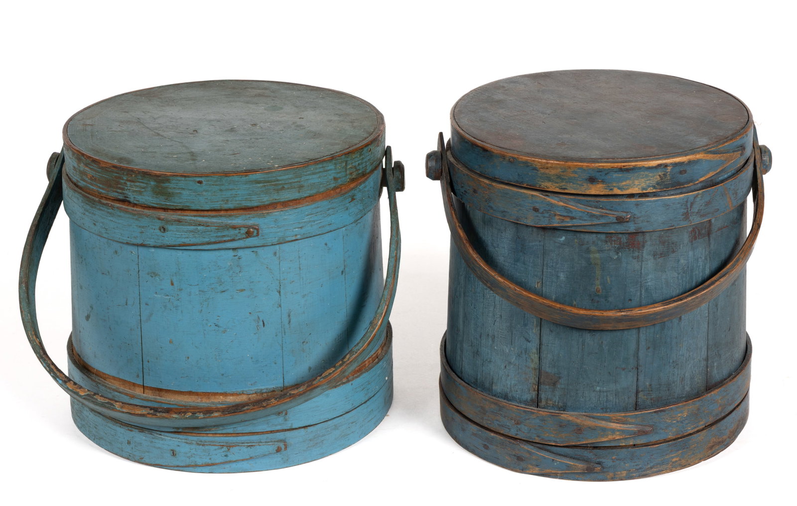 AMERICAN PAINTED TREEN SUGAR BUCKETS / FIRKINS, LOT OF TWO (1 of 5)