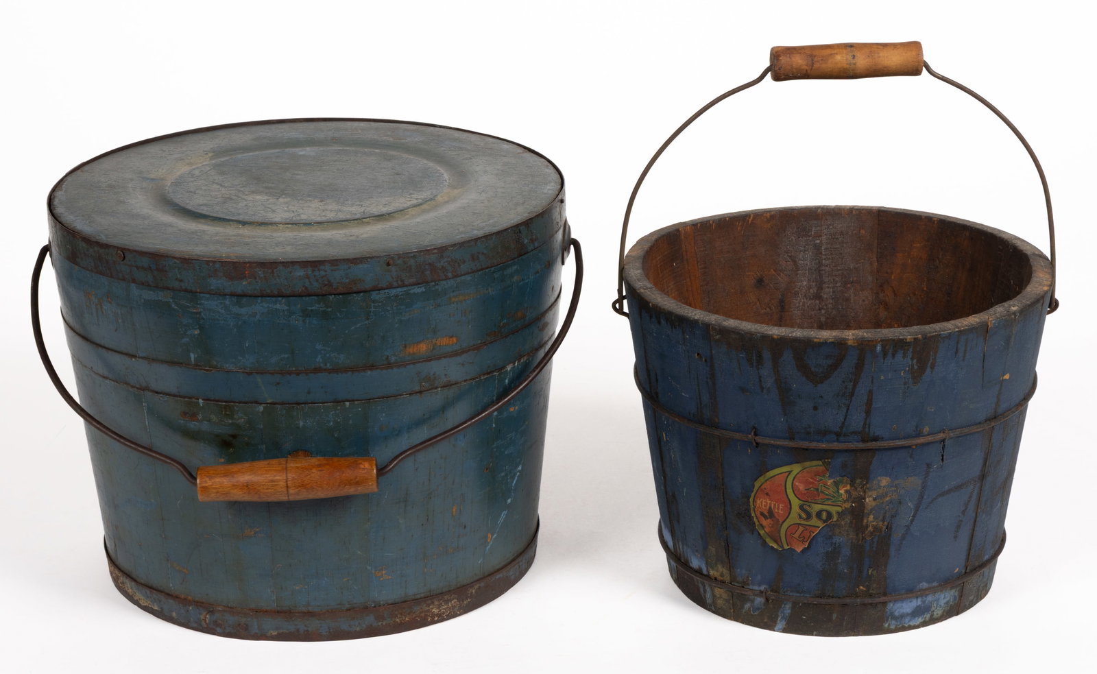 JAMES WHITCHER, HOOKSETT, NEW HAMPSHIRE PAINTED AND OTHER BUCKETS / PAILS, LOT OF TWO (1 of 5)