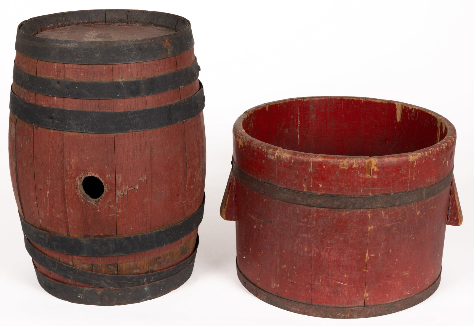 AMERICAN PAINTED TREEN BARREL / KEG AND BUCKET / TUB, LOT OF TWO (1 of 5)