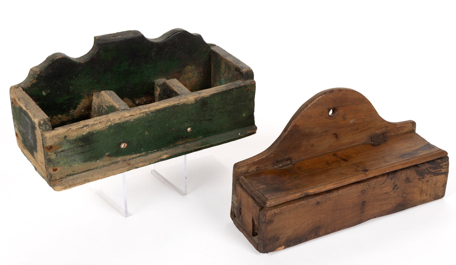 COUNTRY PAINTED AND NATURAL DIVIDED HANGING WALL BOXES, LOT OF TWO: COUNTRY PAINTED AND NATURAL DIVIDED HANGING WALL BOXES, LOT OF TWO, each of similar form with a shaped back over a rectangular divided well, one with a hinged lid. One retains an early painted surface