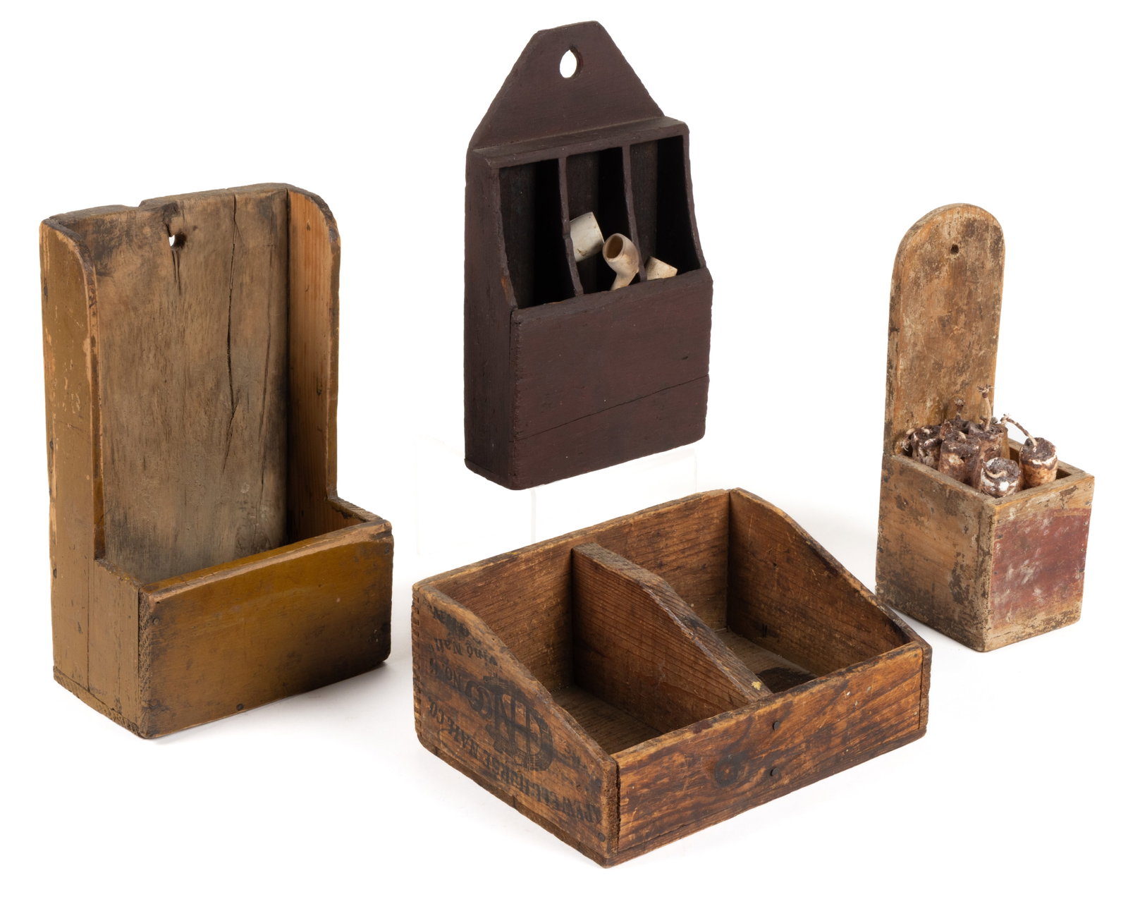 AMERICAN DIMINUTIVE COUNTRY BOXES, LOT OF FOUR: AMERICAN DIMINUTIVE COUNTRY BOXES, LOT OF FOUR, comprising a painted hanging box with three compartments in which are a number of antique and reproduction pipes, a diminutive candlebox with old-style 