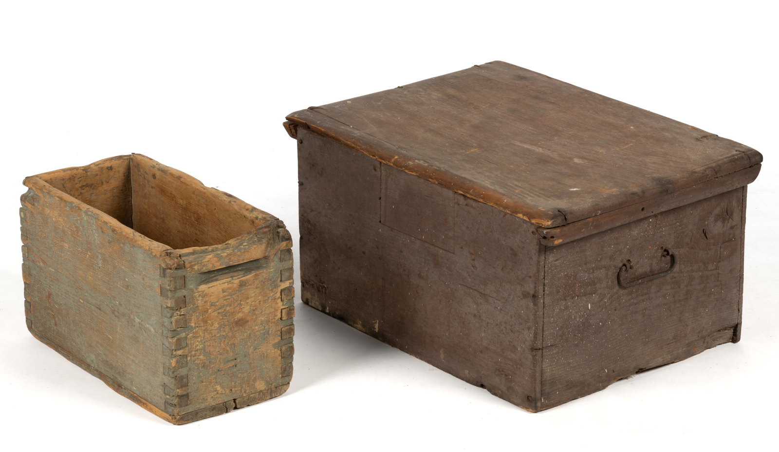 AMERICAN PAINTED PINE BOXES, LOT OF TWO: AMERICAN PAINTED PINE BOXES, LOT OF TWO, nailed and dovetailed construction, the smaller with an open top and carved hand notches on either end; the larger with a hinged lid and iron pulls on bot