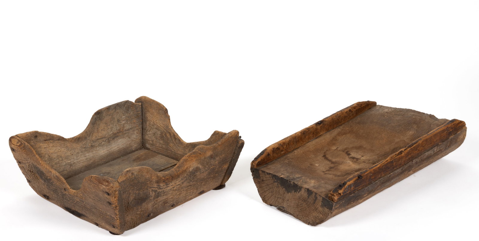 AMERICAN PINE AND OAK DOMESTIC ACCESSORIES, LOT OF TWO: AMERICAN PINE AND OAK DOMESTIC ACCESSORIES, LOT OF TWO, comprising a white oak chopping block with nailed rims on the long ends flanking a very worn down center from a chopper of some form; and a rect