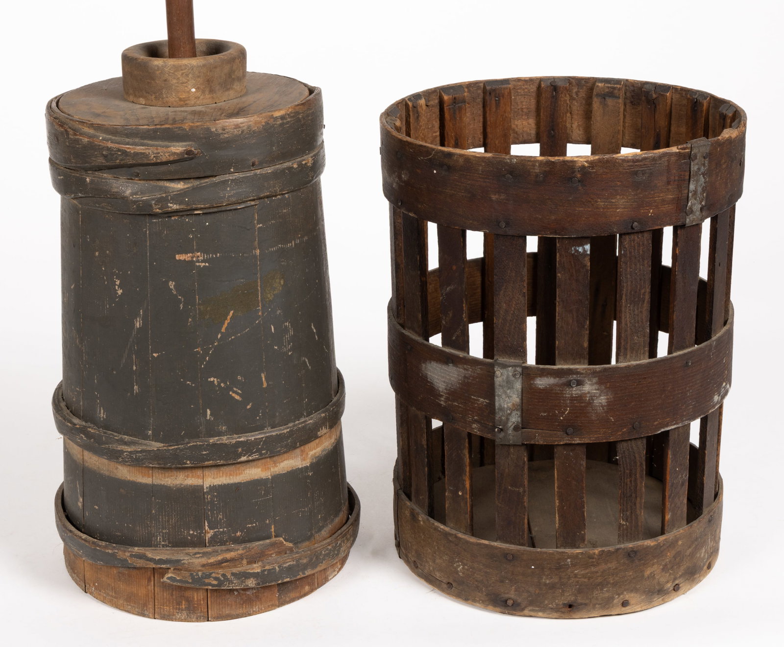 AMERICAN FRUIT STORAGE CONTAINER AND PAINTED BUTTER CHURN, LOT OF TWO (1 of 5)