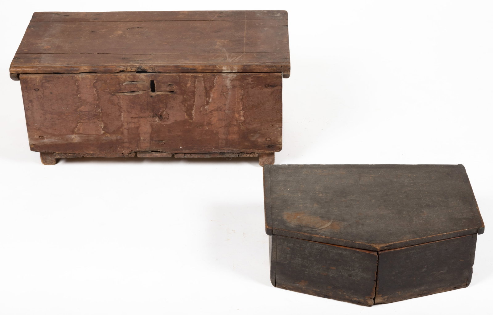 AMERICAN PAINTED PINE BOXES, LOT OF TWO: AMERICAN PAINTED PINE BOXES, LOT OF TWO, nailed construction, comprising a smaller example with an angled front, and a divided interior with small till and a place to rest a specific instrument or too