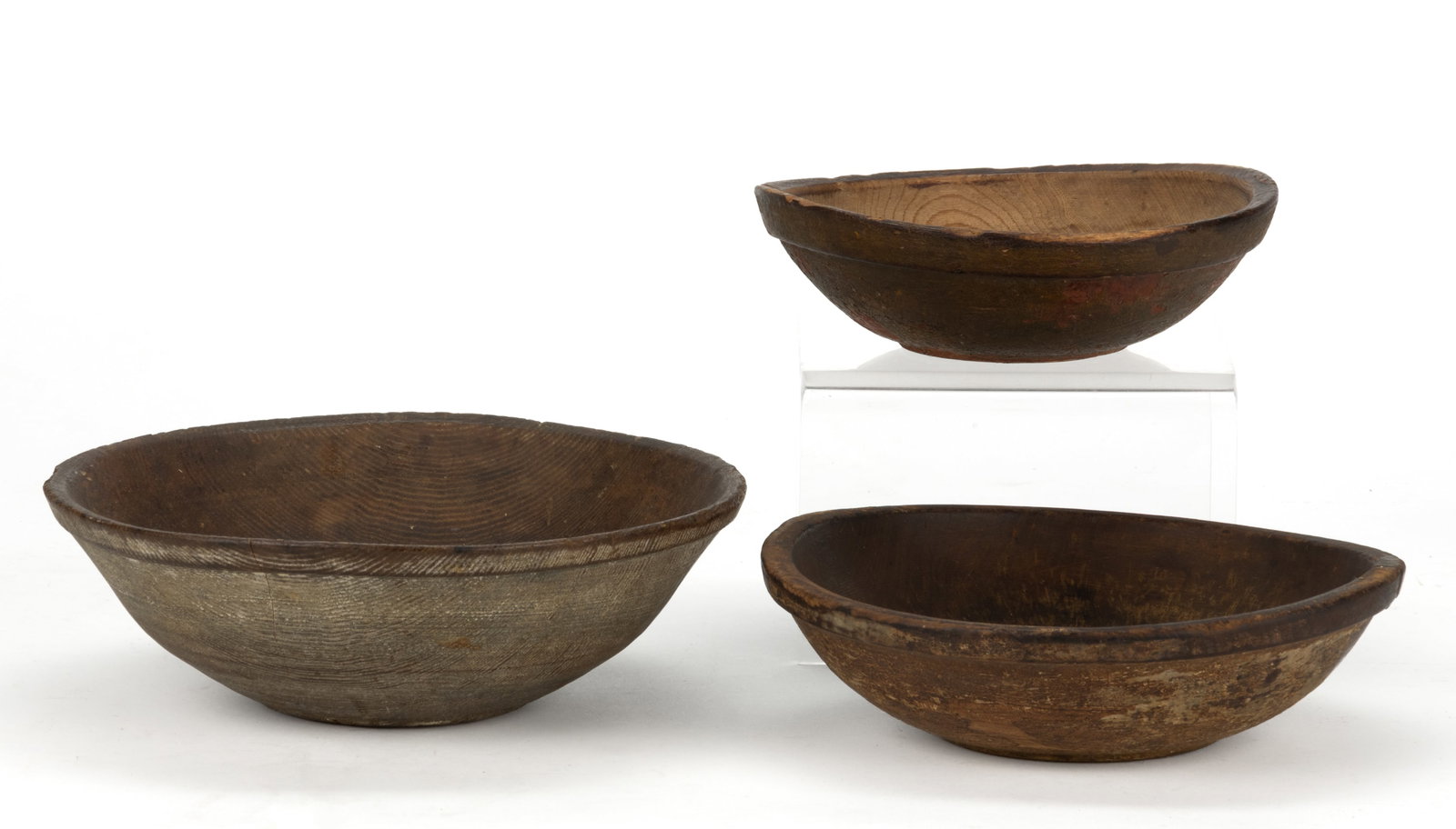 ASSORTED AMERICAN PAINTED TURNED TREEN BOWLS, LOT OF THREE: ASSORTED AMERICAN PAINTED TURNED TREEN BOWLS, LOT OF THREE, slightly out-of-round, wide-banded rims, slightly footed. Each retaining their original painted surface, including a brown, gray and re