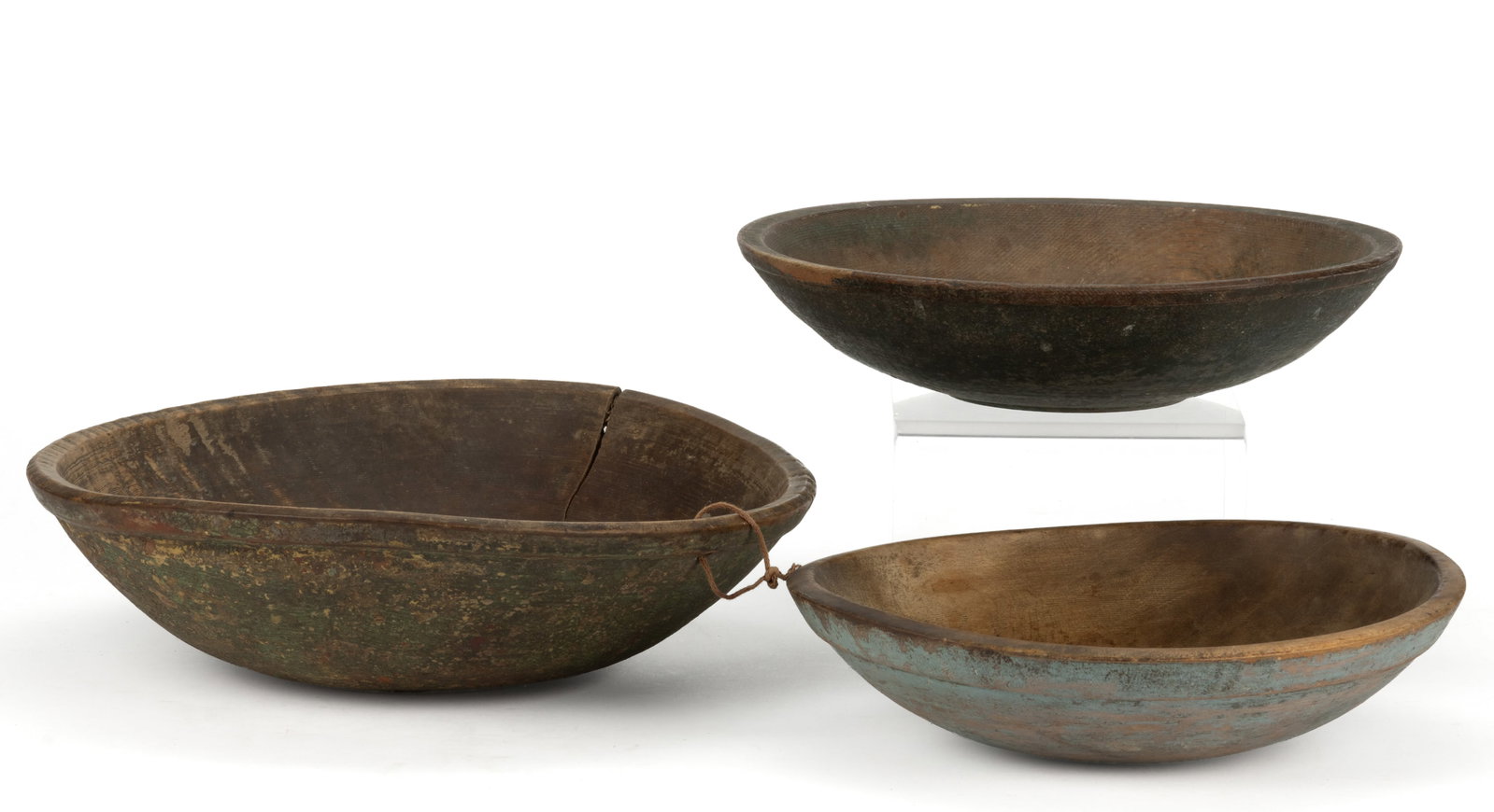 ASSORTED AMERICAN PAINTED TURNED TREEN BOWLS, LOT OF THREE: ASSORTED AMERICAN PAINTED TURNED TREEN BOWLS, LOT OF THREE, comprising of two round examples with each being slightly out-of-round and one oval-form example, narrow and wide-banded