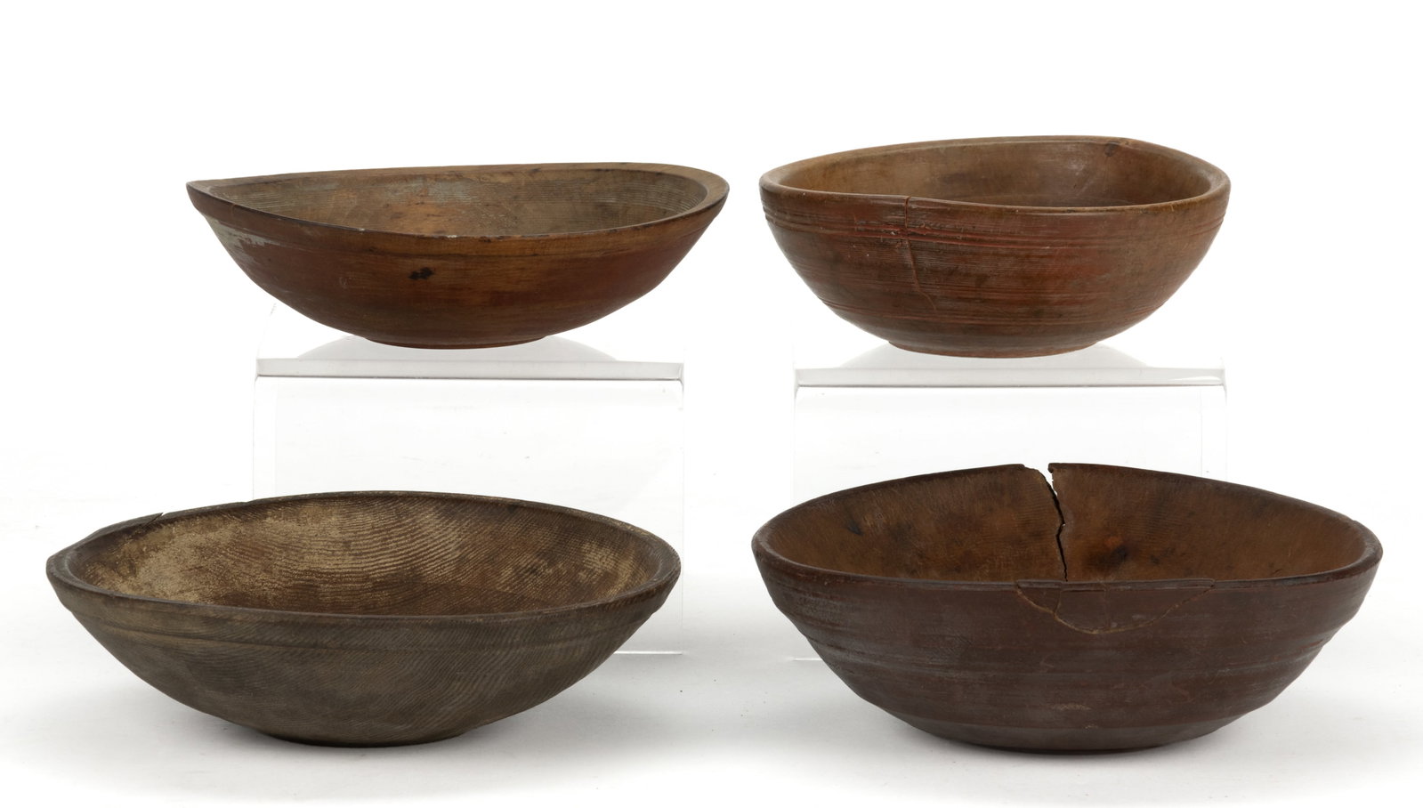 ASSORTED AMERICAN PAINTED TURNED TREEN BOWLS, LOT OF FOUR: ASSORTED AMERICAN PAINTED TURNED TREEN BOWLS, LOT OF FOUR, slightly out-of-round, including three with a wide-banded rim, each having various banded turnings to the exterior and ea