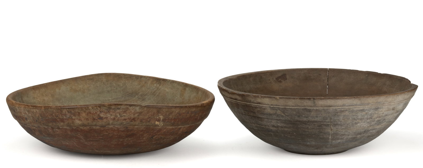 ASSORTED AMERICAN PAINTED LARGE TURNED TREEN BOWLS, LOT OF TWO: ASSORTED AMERICAN PAINTED LARGE TURNED TREEN BOWLS, LOT OF TWO, slightly out-of-round, including one example with a wide-banded rim, and one example having a slight foot. One 